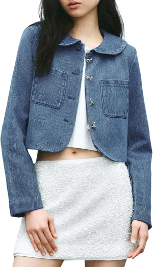 SCOFEEL Women's Cropped Denim Jacket Peter Pan Collar Jean Coat Casual Chic Outerwear Jacket with Rhinestone Bow