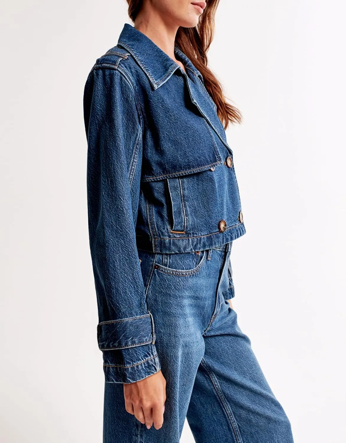 SCOFEEL Women's Cropped Denim Trench Coat Long Sleeve Button Down Stylish Fitted Jean Shacket with Pockets