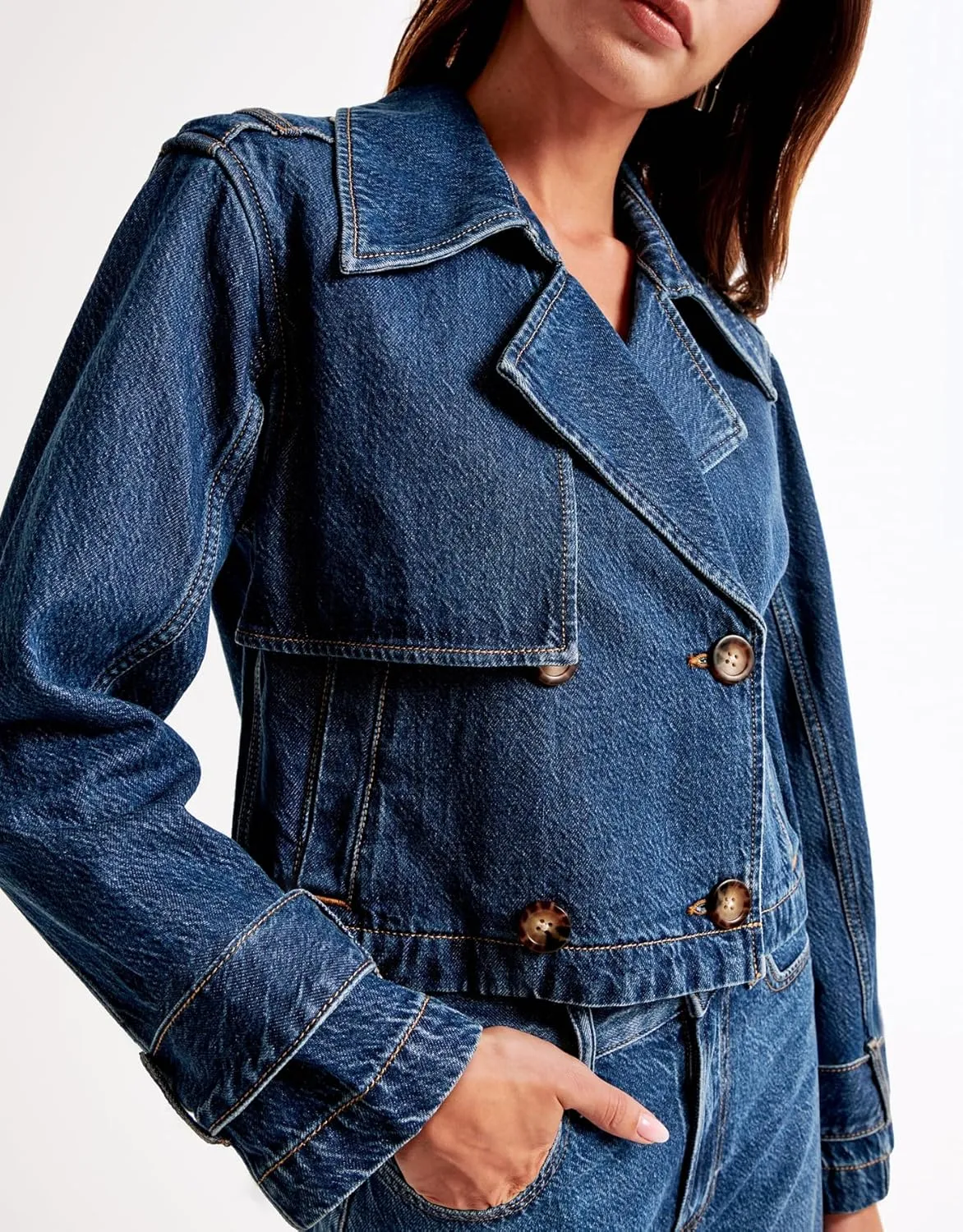 SCOFEEL Women's Cropped Denim Trench Coat Long Sleeve Button Down Stylish Fitted Jean Shacket with Pockets