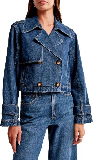 SCOFEEL Women's Cropped Denim Trench Coat Long Sleeve Button Down Stylish Fitted Jean Shacket with Pockets