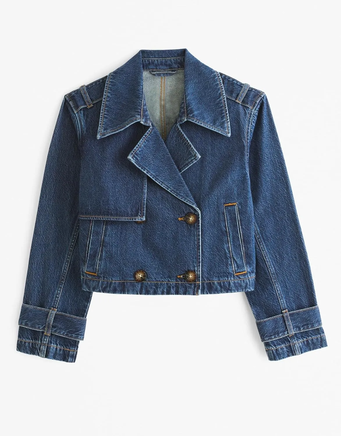 SCOFEEL Women's Cropped Denim Trench Coat Long Sleeve Button Down Stylish Fitted Jean Shacket with Pockets