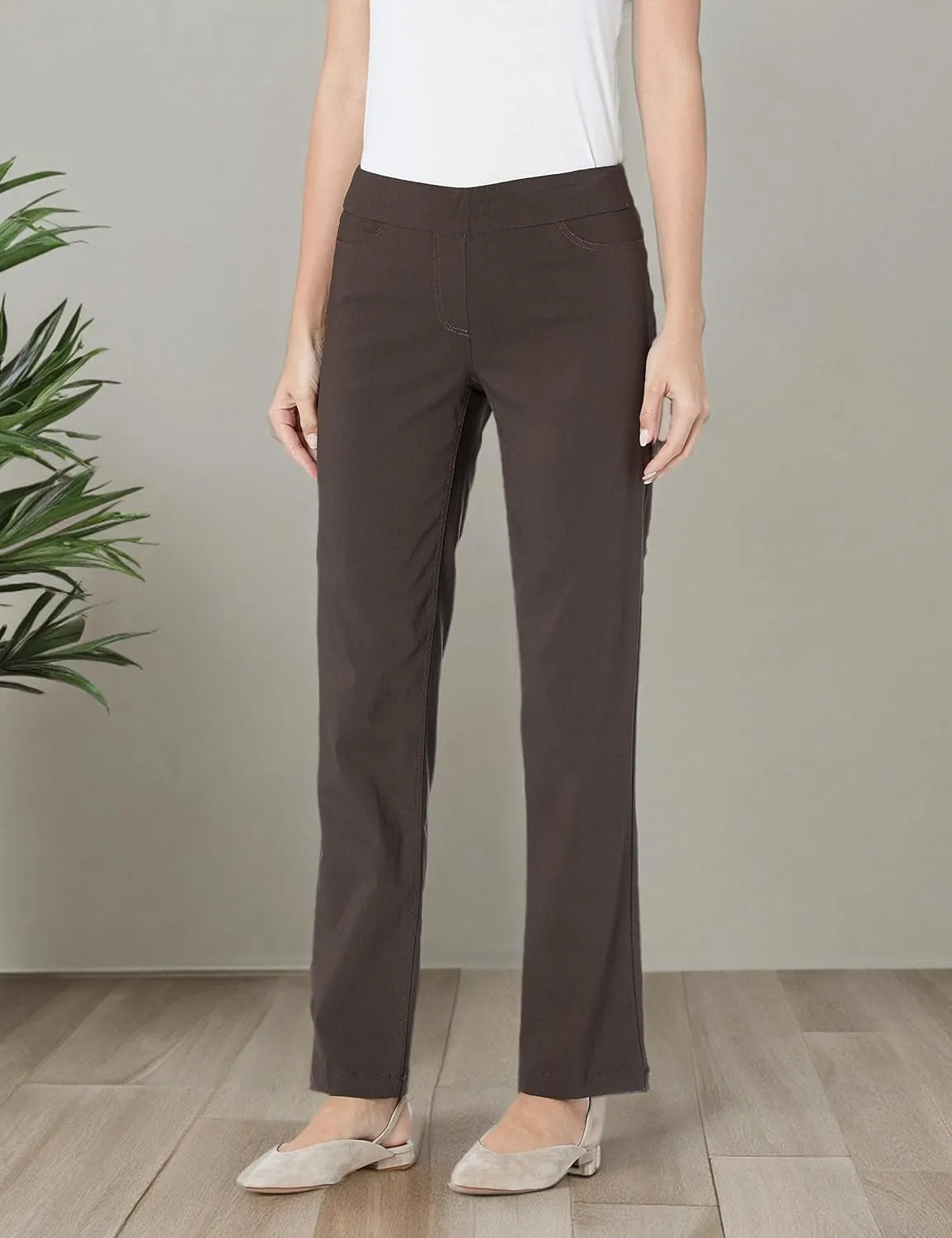 SLIM-SATION Women's Wide Band Pull-on Relaxed Leg Pant with Tummy Control