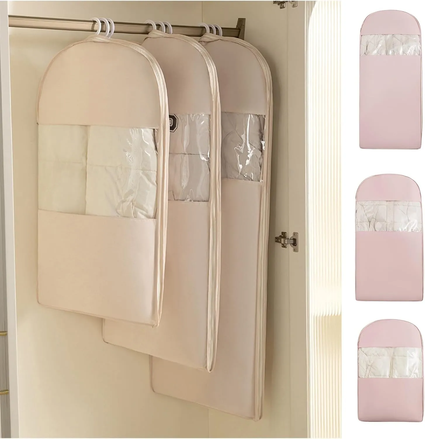 Space Saving Garment Bag Hanging with Self Compression Zipper, 2025 Space Saving Hanging Protector for Down Coat, Down Cloth Compression Dust Cover for Closet Storage (Pink M)