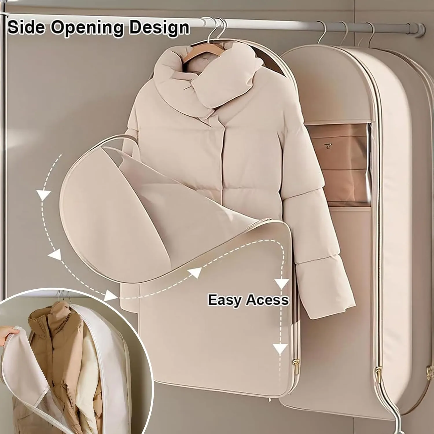 Space Saving Garment Bags for Hanging Clothes, Clothes Storage Bag with Self Compression Zipper, Dress Bag for Seasonal Jackets & Coats, for Closet Storage (Beige, Large)