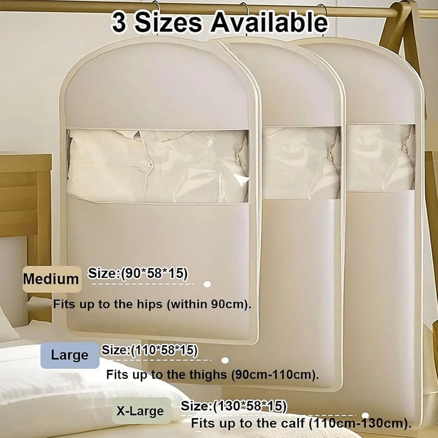 Space Saving Garment Bags for Hanging Clothes, Clothes Storage Bag with Self Compression Zipper, Dress Bag for Seasonal Jackets & Coats, for Closet Storage (Beige, Large)