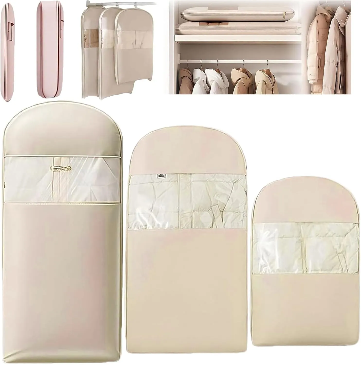 Space Saving Garment Bags for Hanging Clothes, Clothes Storage Bag with Self Compression Zipper, Dress Bag for Seasonal Jackets & Coats, for Closet Storage (Beige, Large)