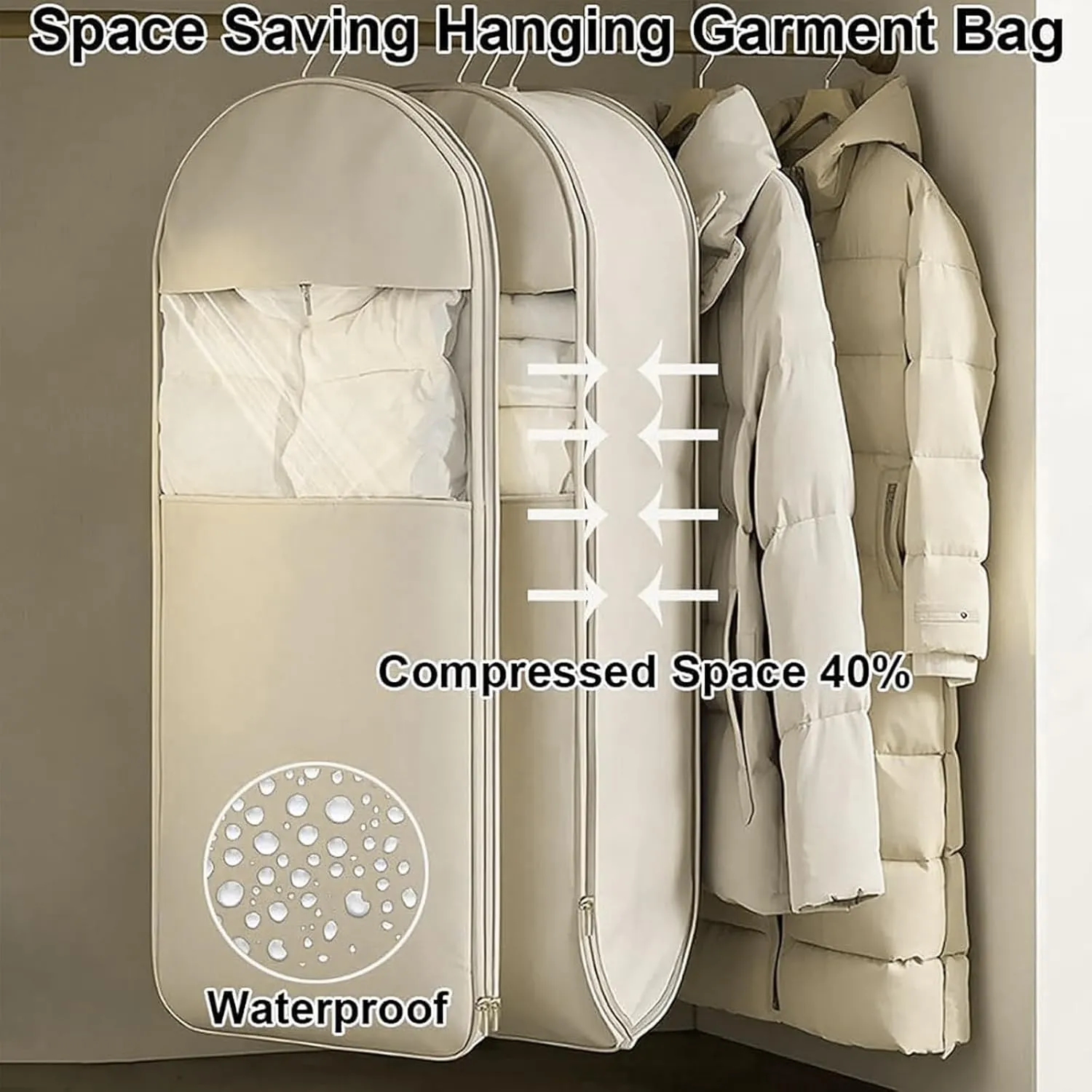 Space Saving Garment Bags for Hanging Clothes, Clothes Storage Bag with Self Compression Zipper, Dress Bag for Seasonal Jackets & Coats, for Closet Storage (Beige, Large)