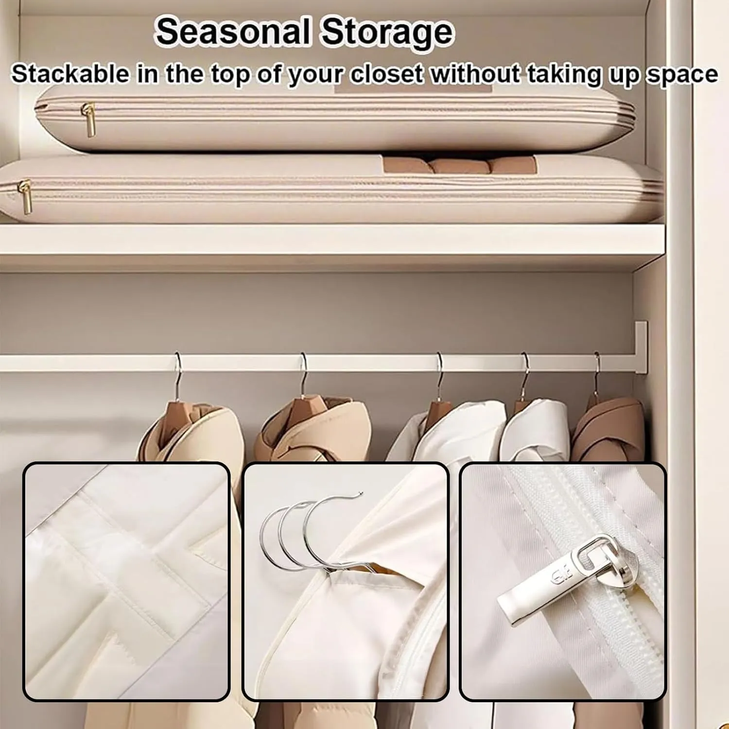 Space Saving Garment Bags for Hanging Clothes, Clothes Storage Bag with Self Compression Zipper, Dress Bag for Seasonal Jackets & Coats, for Closet Storage (Beige, Large)