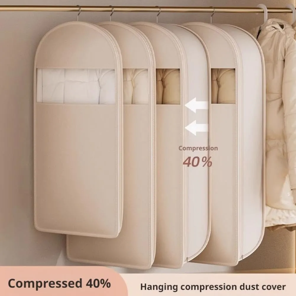 Space Saving Hanging Garment Bag Organizers, 2025 New Hanging Non-Woven Fabric Storage Bags for Clothes with Self Compression Zipper, Dust Cover Clothes Bags for Winter Coat (Beige-23.6 * 51.1in)