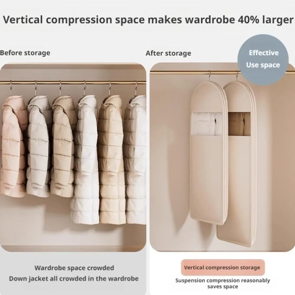 Space Saving Hanging Garment Bag Organizers, 2025 New Hanging Non-Woven Fabric Storage Bags for Clothes with Self Compression Zipper, Dust Cover Clothes Bags for Winter Coat (Beige-23.6 * 51.1in)