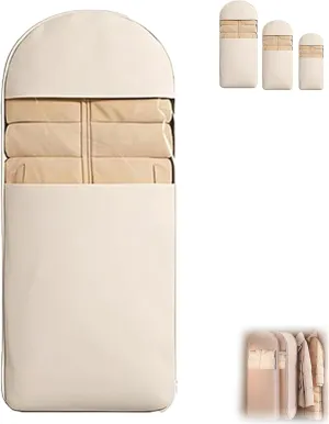 Space Saving Hanging Garment Bag with Self Compression Zippe - Heavy Duty Clothes Protector for Down Coats & Winter Wear (Beige,M)