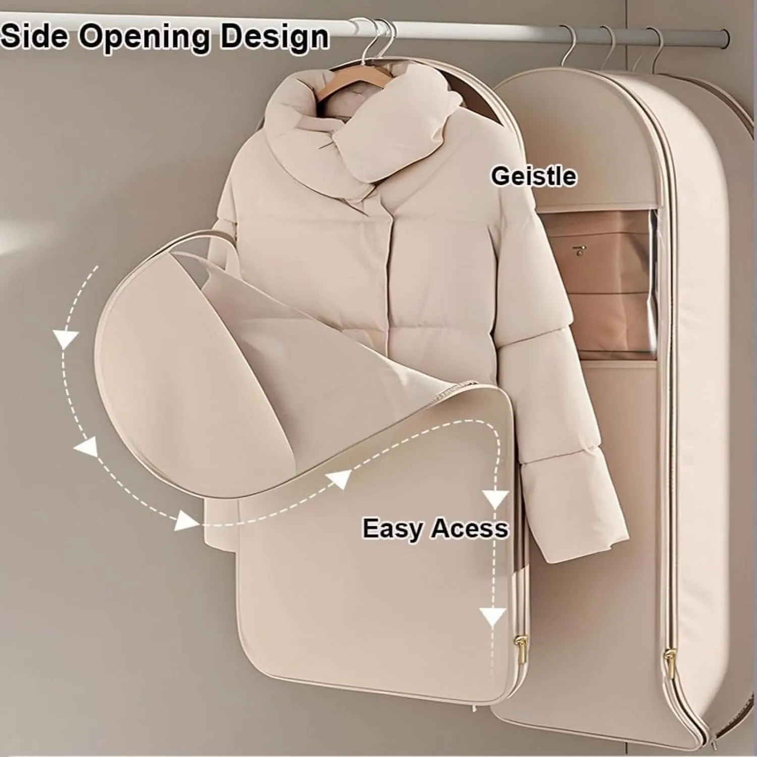 Space Saving Hanging Garment Bag with Self Compression Zippe - Heavy Duty Clothes Protector for Down Coats & Winter Wear (Beige,M)