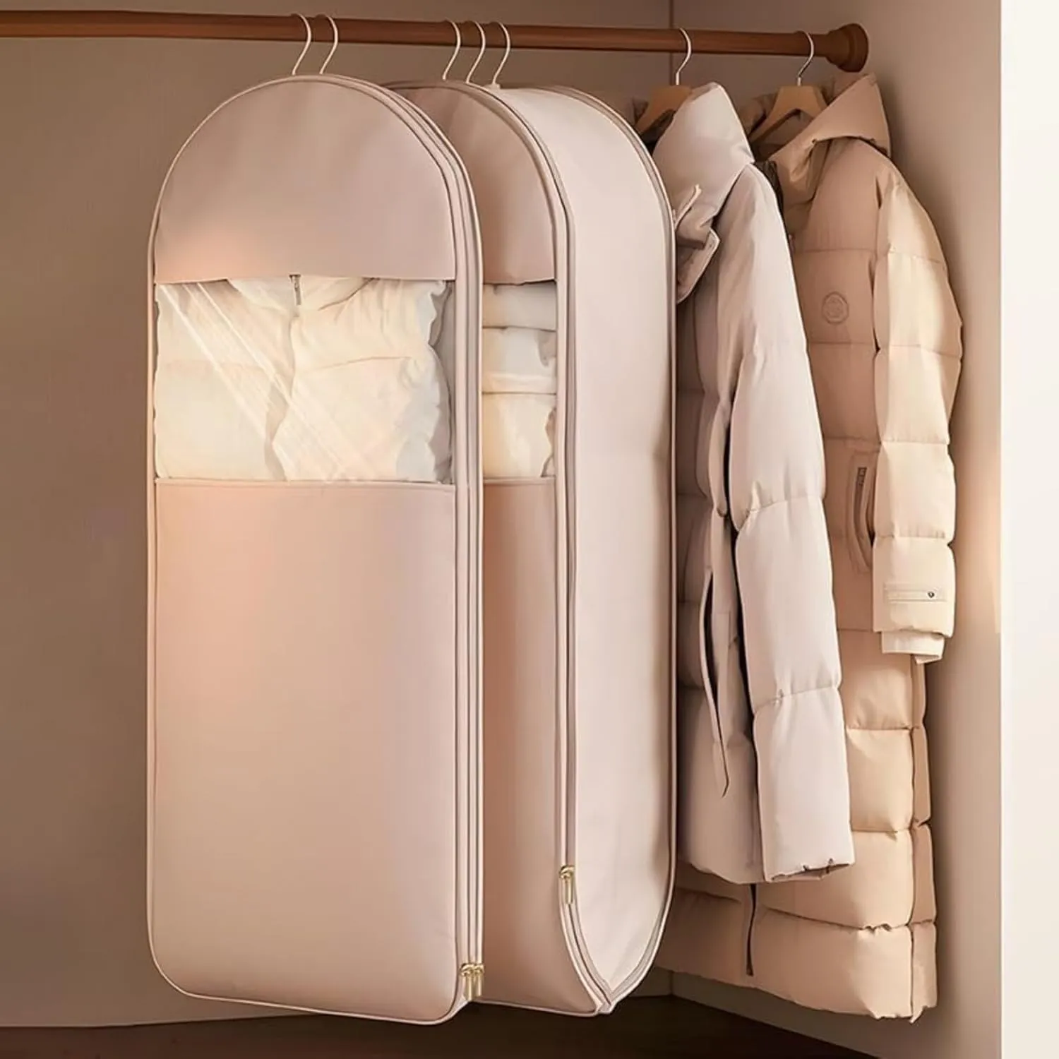 Space Saving Hanging Garment Bag with Self Compression Zippe - Heavy Duty Clothes Protector for Down Coats & Winter Wear (Beige,M)