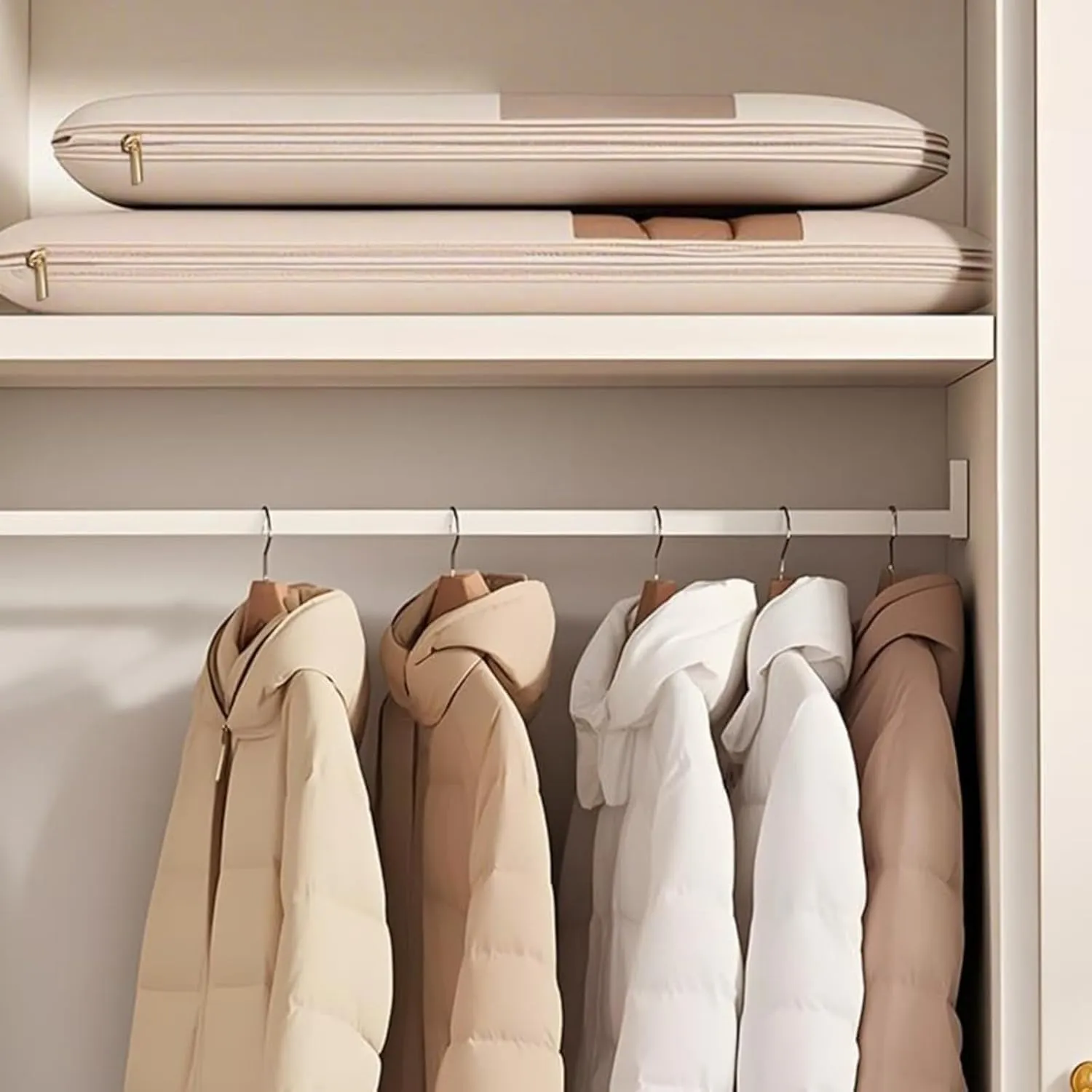 Space Saving Hanging Garment Bag with Self Compression Zippe - Heavy Duty Clothes Protector for Down Coats & Winter Wear (Beige,M)