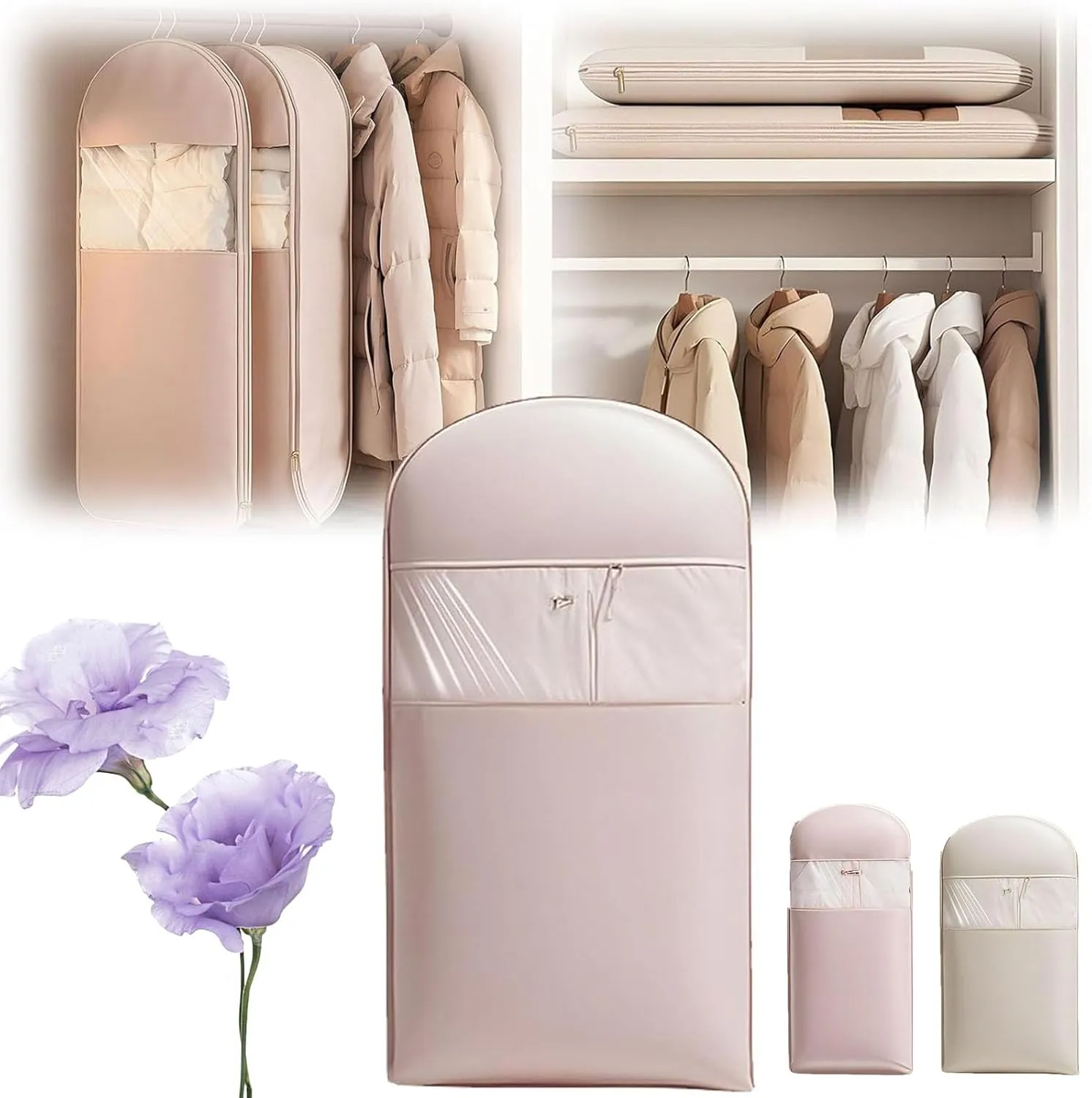 Space Saving Hanging Garment Bag with Self Compression Zipper, 35/43/51in Space Saver Closet Organizers, Down Coat Dust Cover Clothes Bags, For Closet Storage (Pink, L)