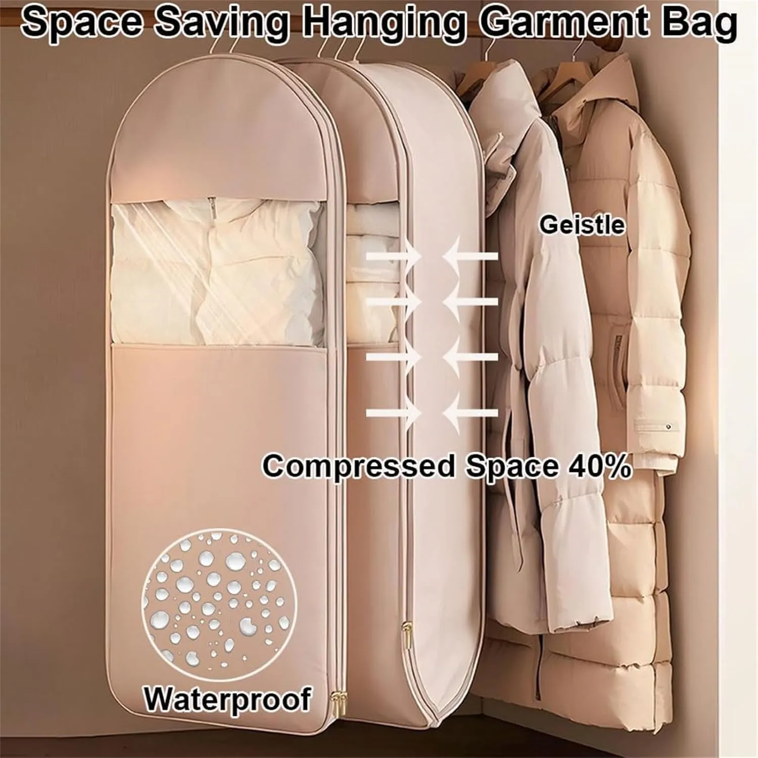 Space Saving Hanging Garment Bag with Self Compression Zipper, 35/43/51in Space Saver Closet Organizers, Down Coat Dust Cover Clothes Bags, For Closet Storage (Pink, M)