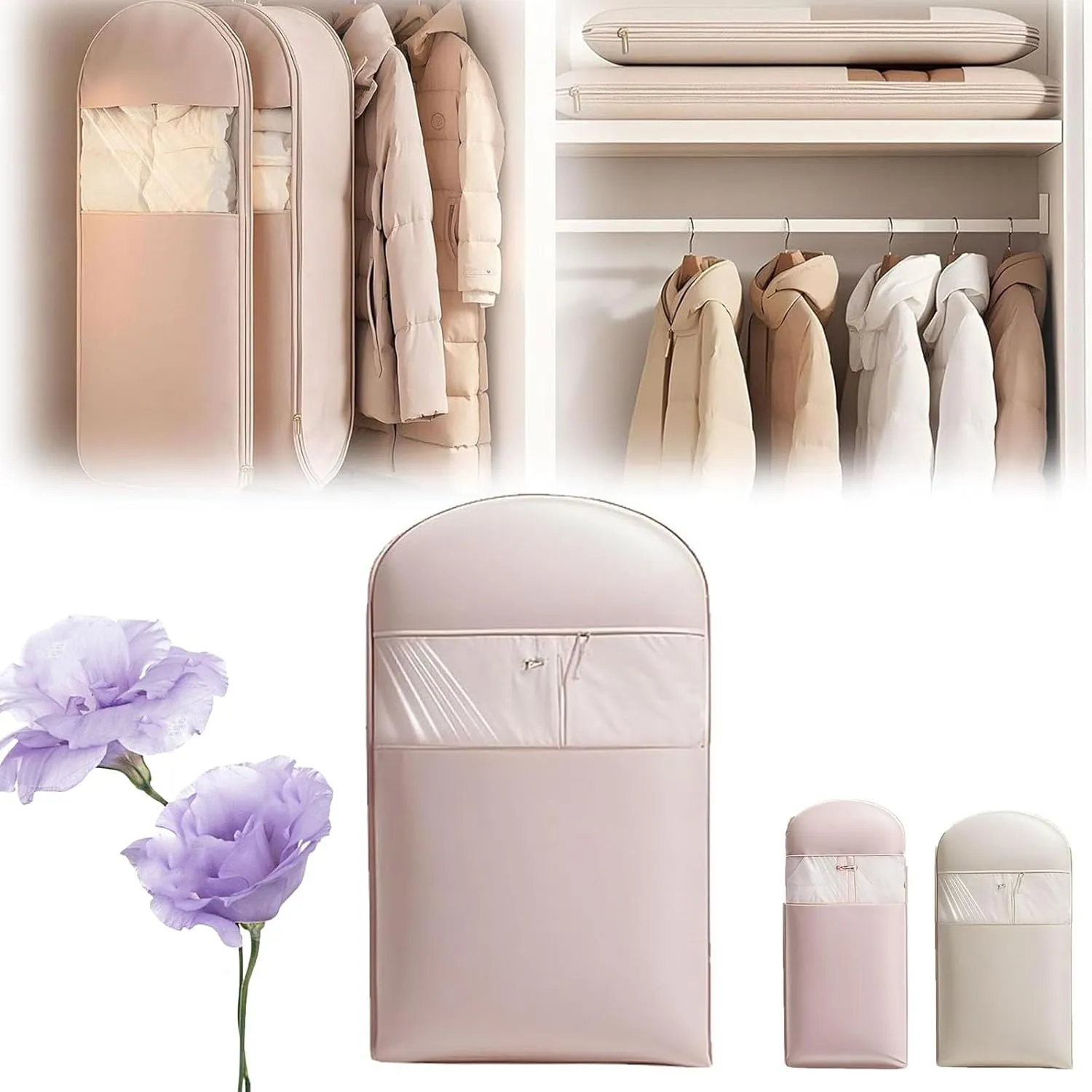Space Saving Hanging Garment Bag with Self Compression Zipper, 35/43/51in Space Saver Closet Organizers, Down Coat Dust Cover Clothes Bags, For Closet Storage (Pink, M)