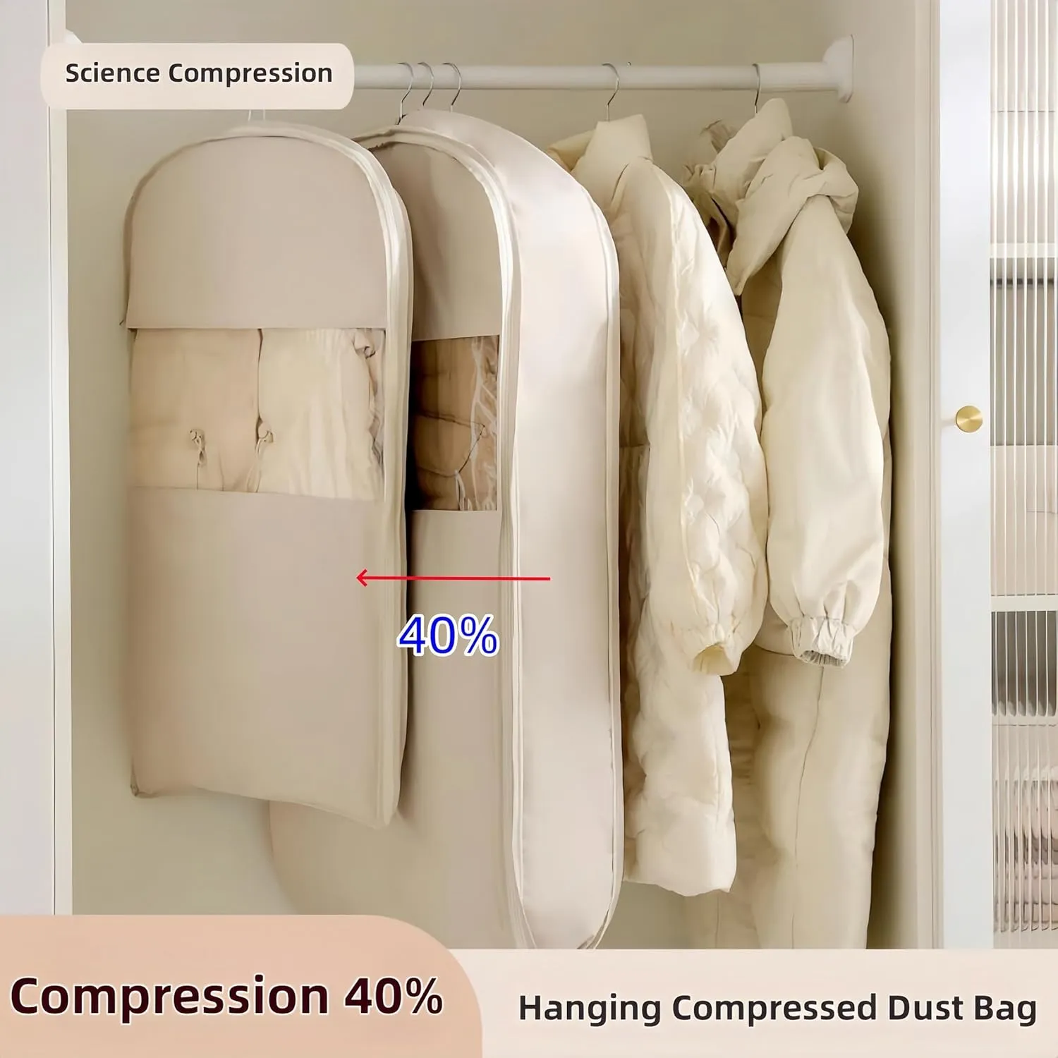 Space Saving Hanging Garment Bag with Self Compression Zipper, Dust Proof Clothes Storage for Coats, Jackets, Sweaters & Seasonal Clothes - Clear Protector for Closet (Blue,L)