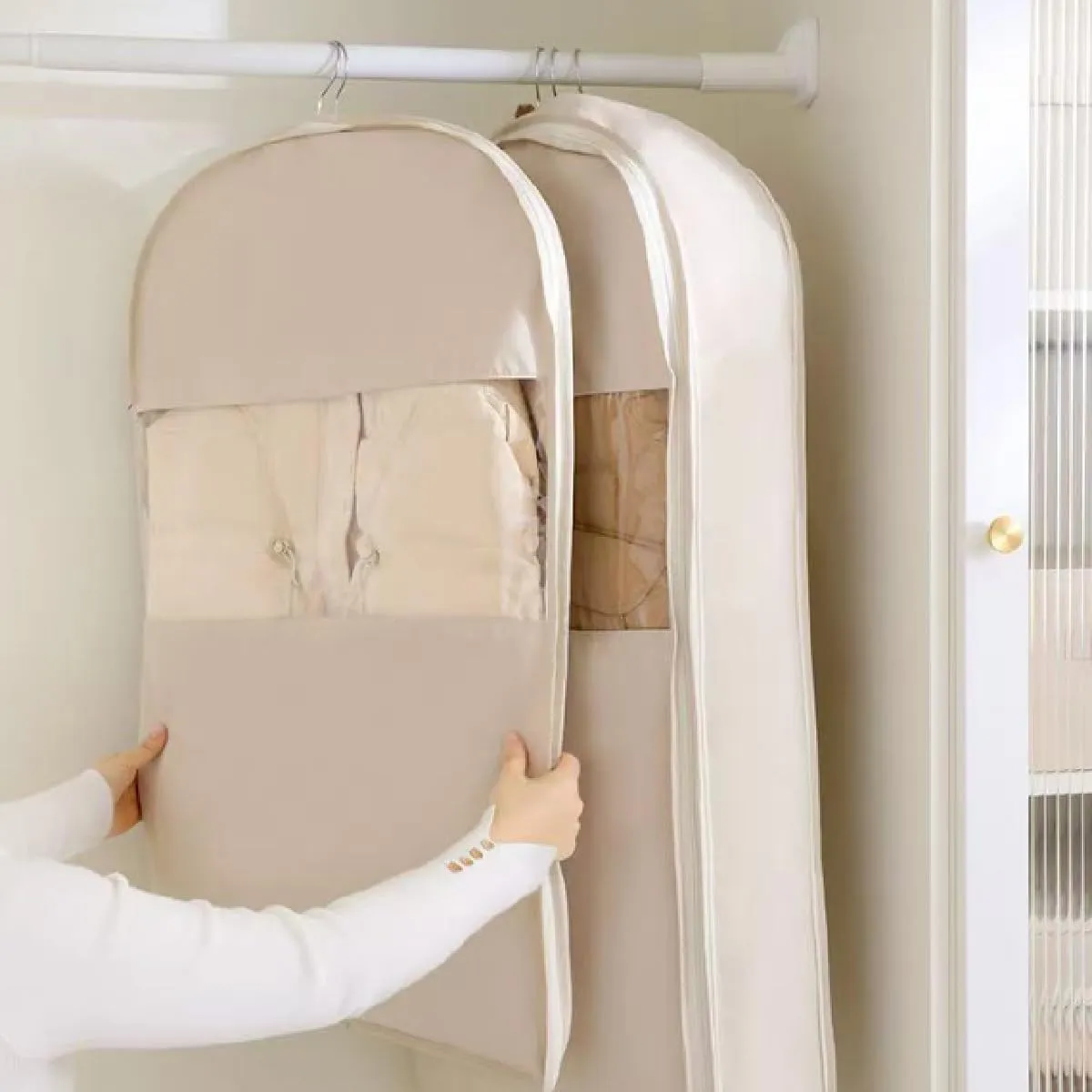 Space Saving Hanging Garment Bag with Self Compression Zipper - Heavy-Duty Clothes Organizer for Travel, Closet, Seasonal Storage (Beige, XL)