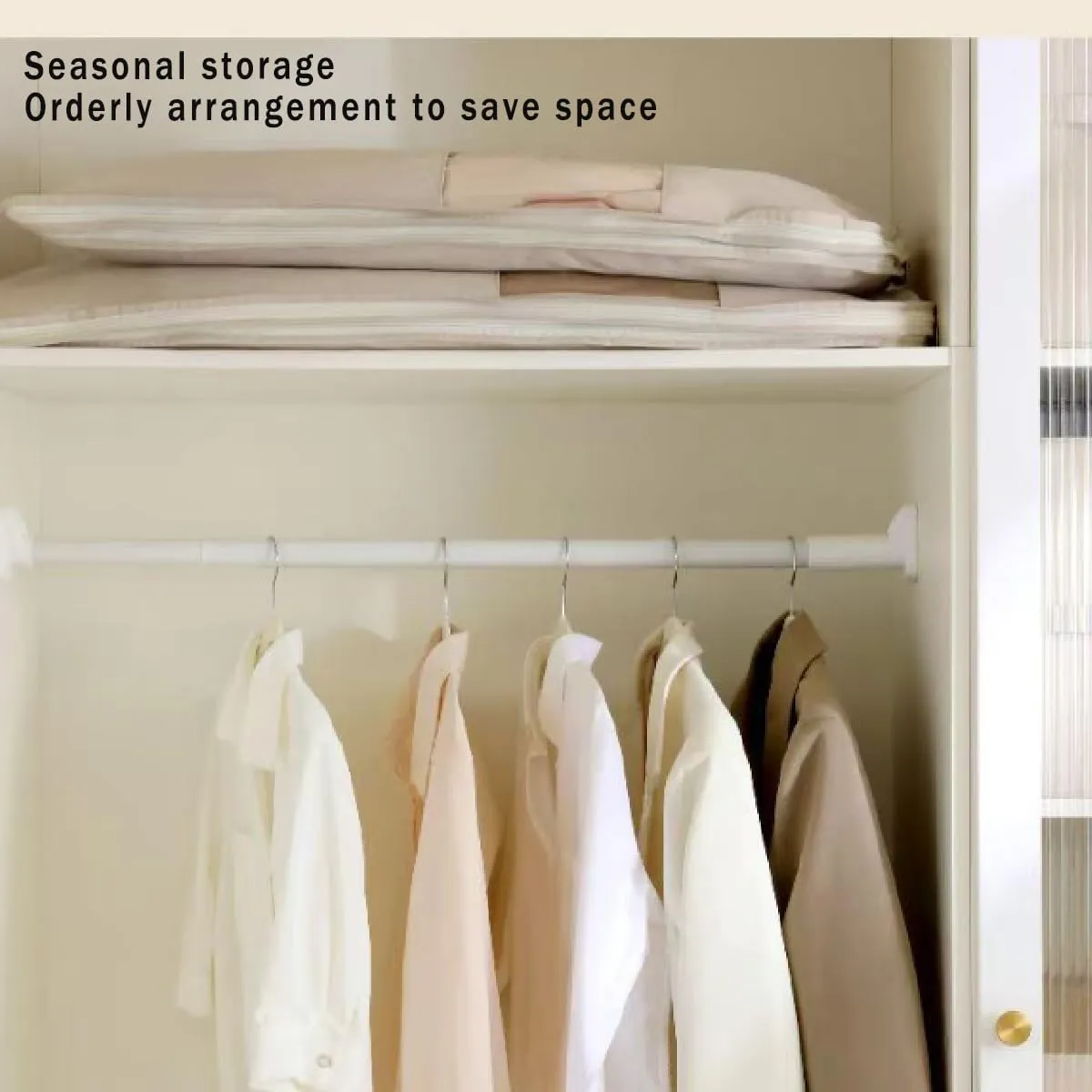 Space Saving Hanging Garment Bag with Self Compression Zipper - Heavy-Duty Clothes Organizer for Travel, Closet, Seasonal Storage (Beige, XL)