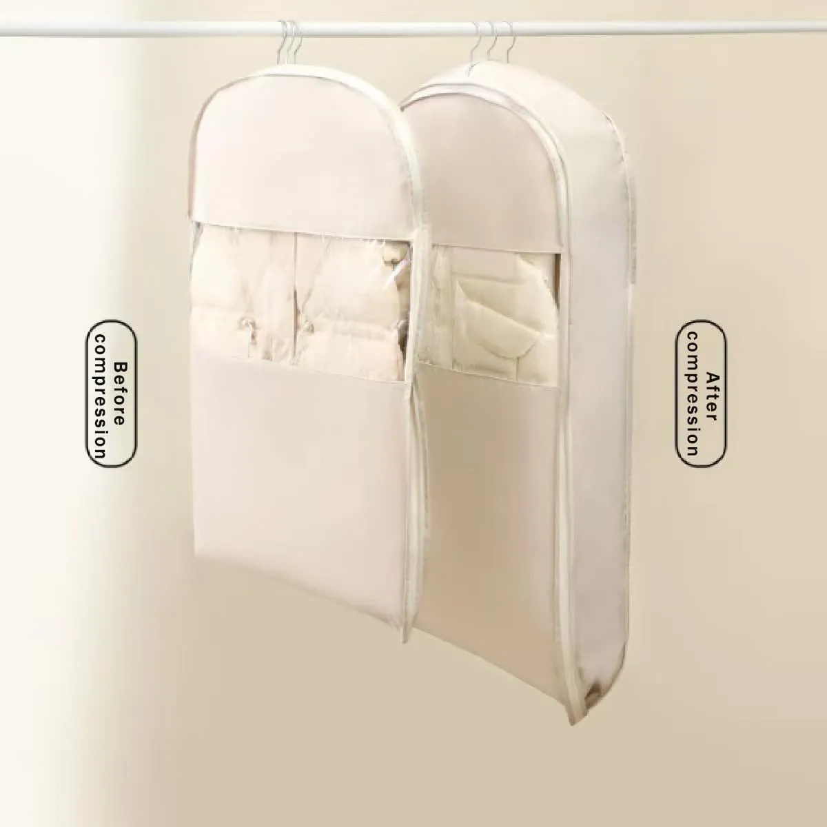 Space Saving Hanging Garment Bag with Self Compression Zipper - Heavy-Duty Clothes Organizer for Travel, Closet, Seasonal Storage (Beige, XL)
