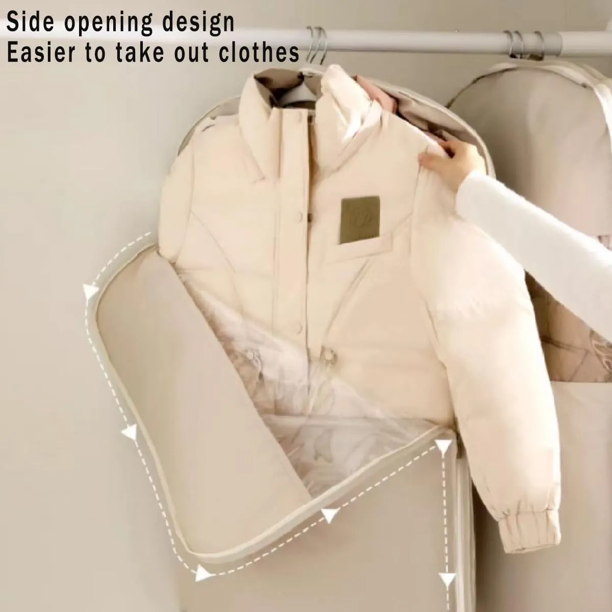 Space Saving Hanging Garment Bag with Self Compression Zipper - Heavy-Duty Clothes Organizer for Travel, Closet, Seasonal Storage (Beige, XL)
