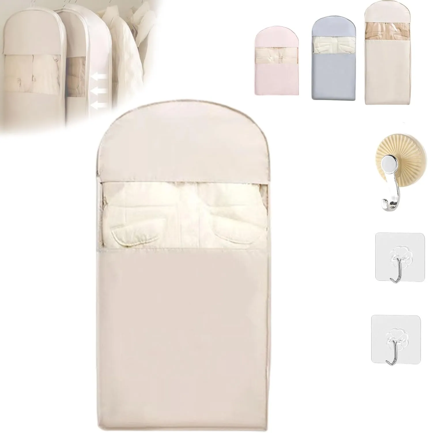 Space Saving Hanging Garment Bag with Self Compression Zipper, Otherwisie Winter Coat Storage, Heavy Duty Dust Cover Clothes Bags for Down Coat, Garment Bags for Hanging Clothes (Beige,Large,1PC)