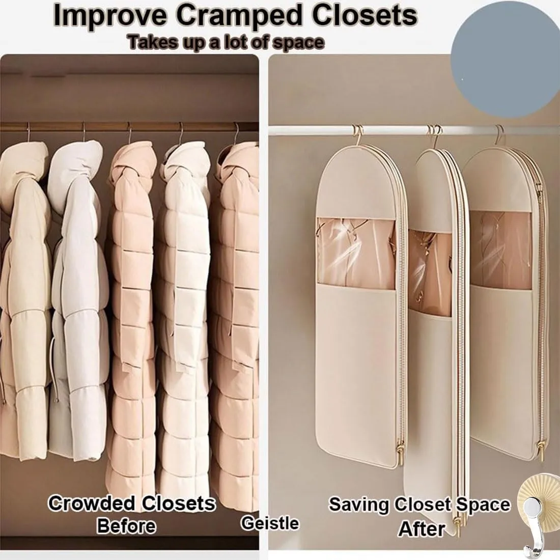 Space Saving Hanging Garment Bag with Self Compression Zipper, Otherwisie Winter Coat Storage, Heavy Duty Dust Cover Clothes Bags for Down Coat, Garment Bags for Hanging Clothes (Beige,Large,1PC)