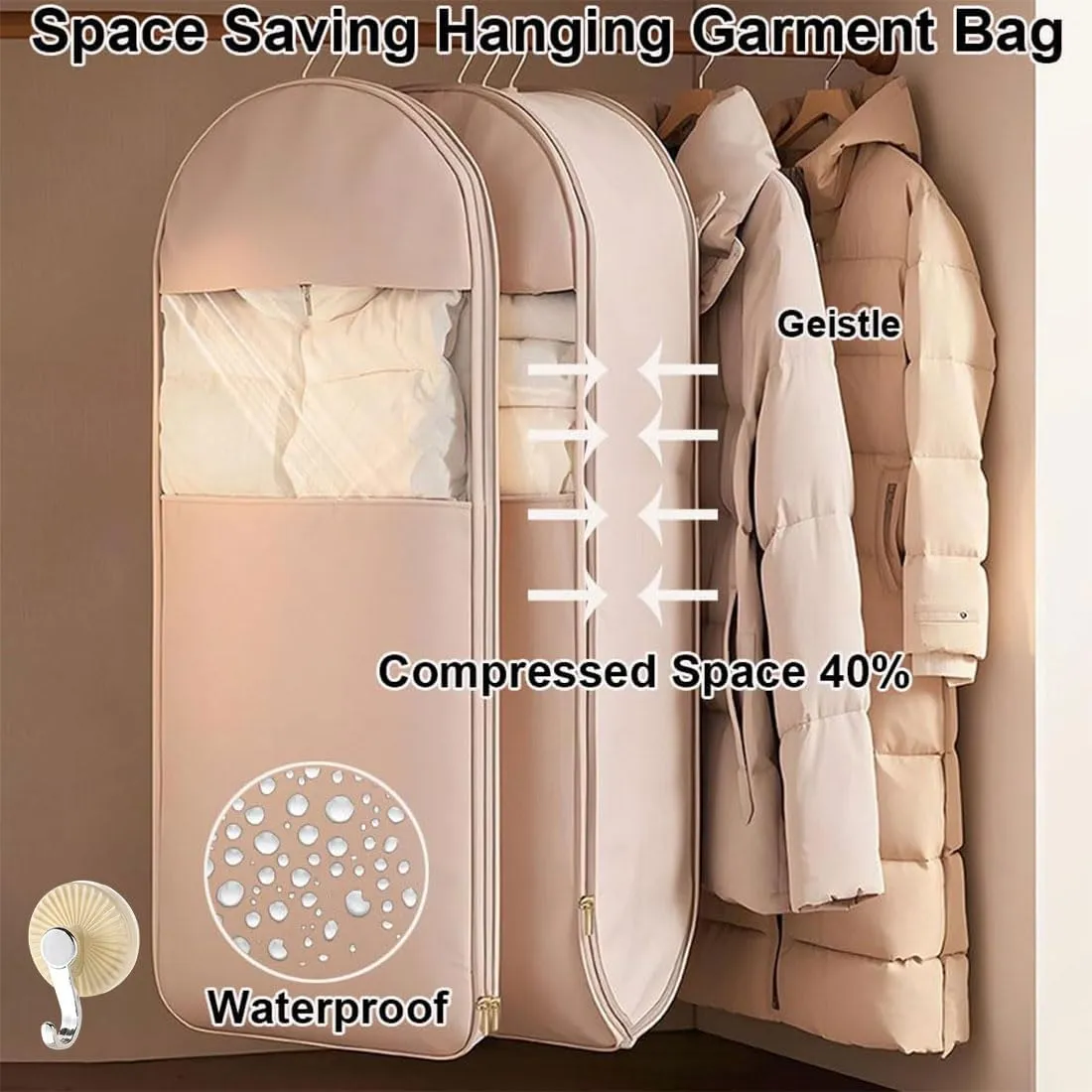 Space Saving Hanging Garment Bag with Self Compression Zipper, Otherwisie Winter Coat Storage, Heavy Duty Dust Cover Clothes Bags for Down Coat, Garment Bags for Hanging Clothes (Gray,Medium,1PC)