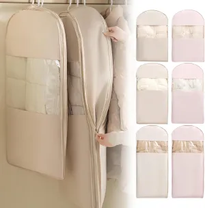 Space Saving Hanging Garment Bag with Self Compression Zipper, Peach Skin Velvet Storage Bag For Home, Dust Cover Clothes Bags for Down Coat, Space Saver Closet Organizers (Pink, M)