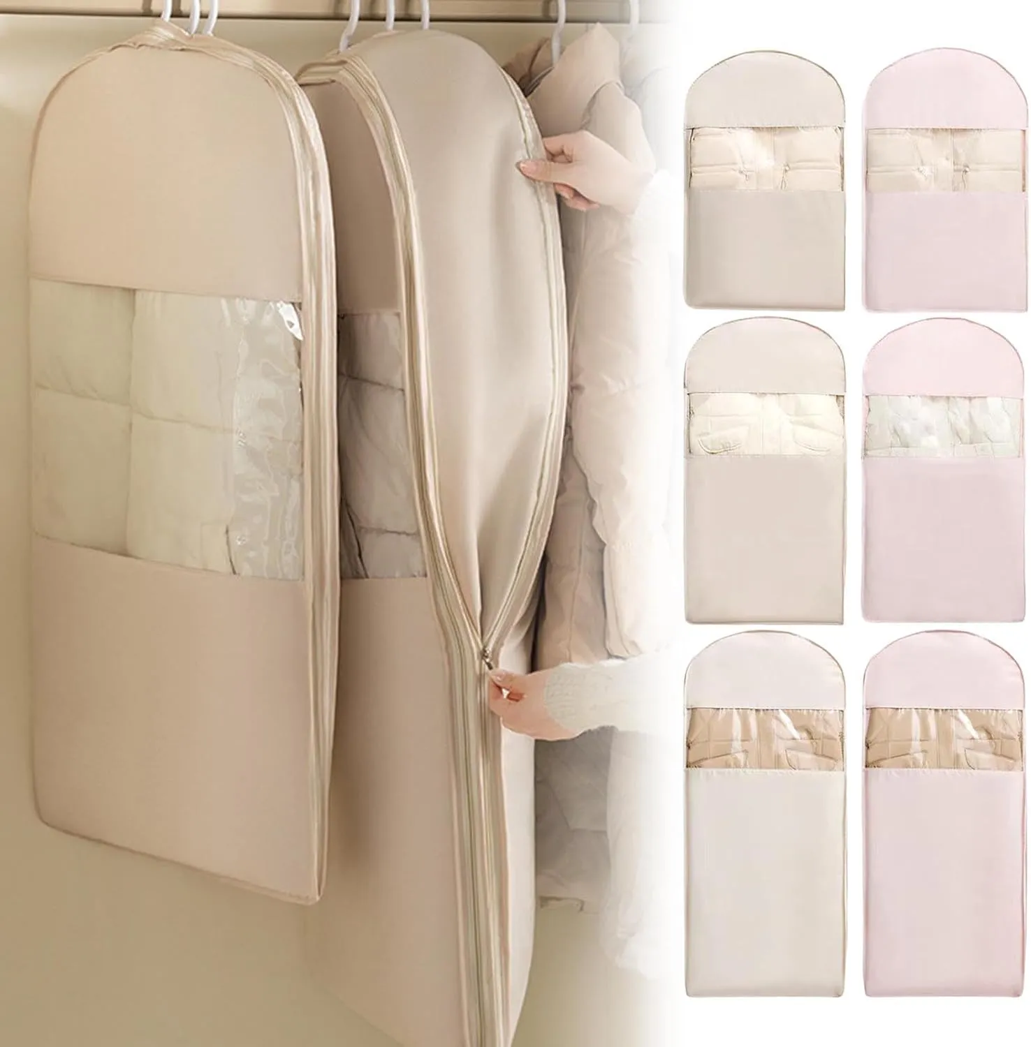 Space Saving Hanging Garment Bag with Self Compression Zipper, Peach Skin Velvet Storage Bag For Home, Dust Cover Clothes Bags for Down Coat, Space Saver Closet Organizers (Pink, M)
