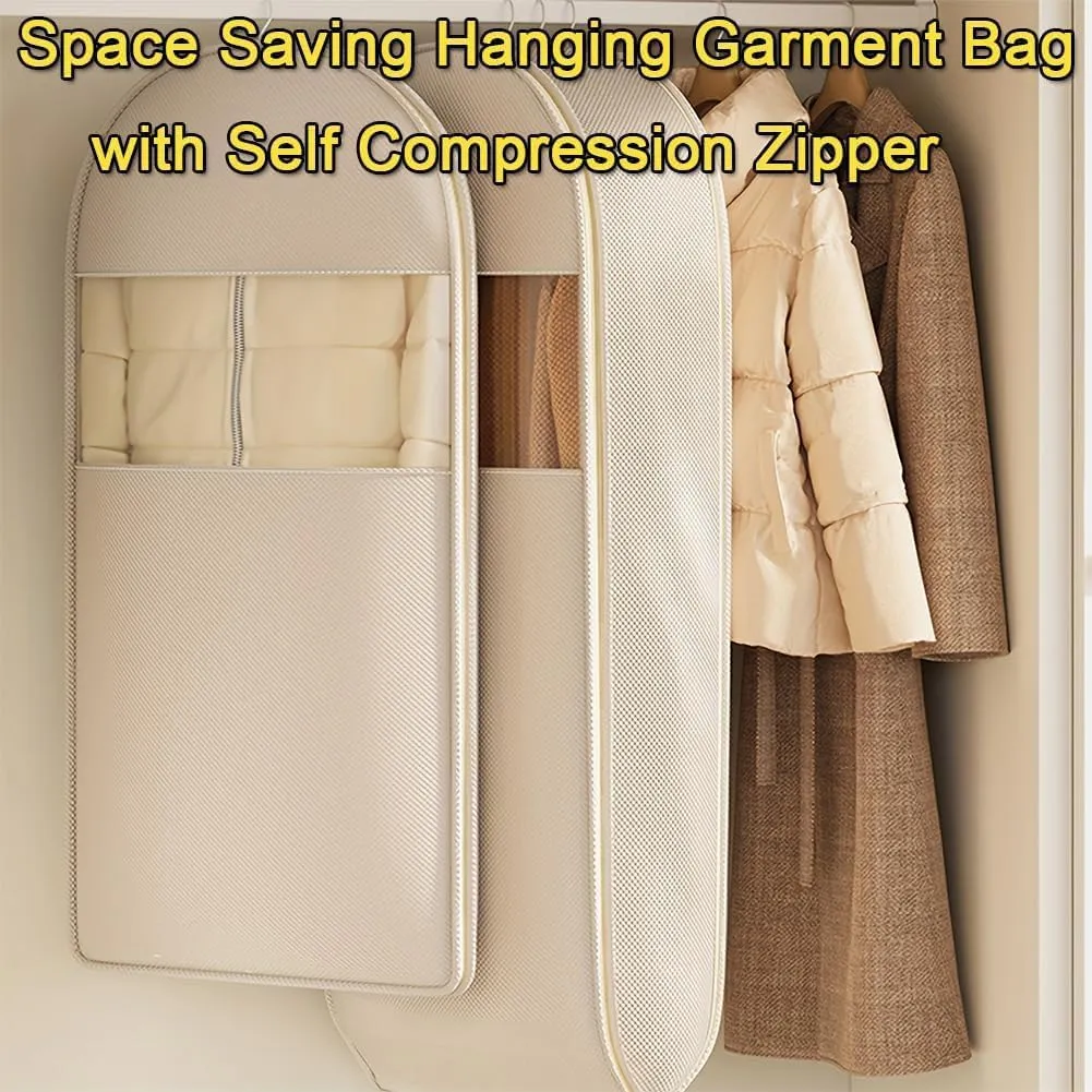 Space Saving Hanging Garment Bag with Self Compression Zipper, Self Compression Zip Garment Bags, Space Saving Hanging Bag, Down Coat Compression Dust Cover for Closet Storage (Pink, M)