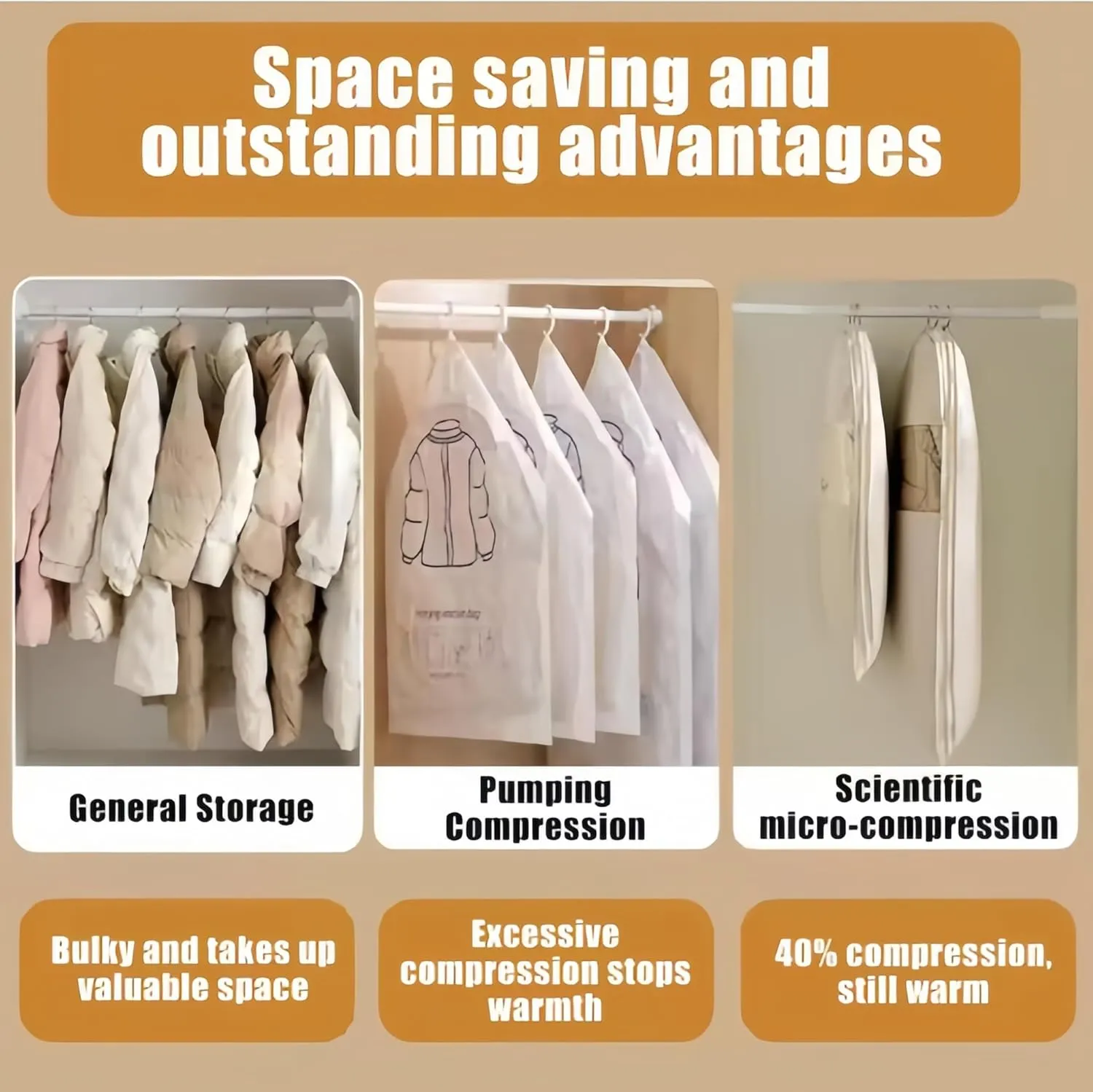Space Saving Hanging Garment Bag with Self Compression Zipper Space Saver Closet Organizers Dust Cover Clothes Bags for Down Coat (Beige, M)