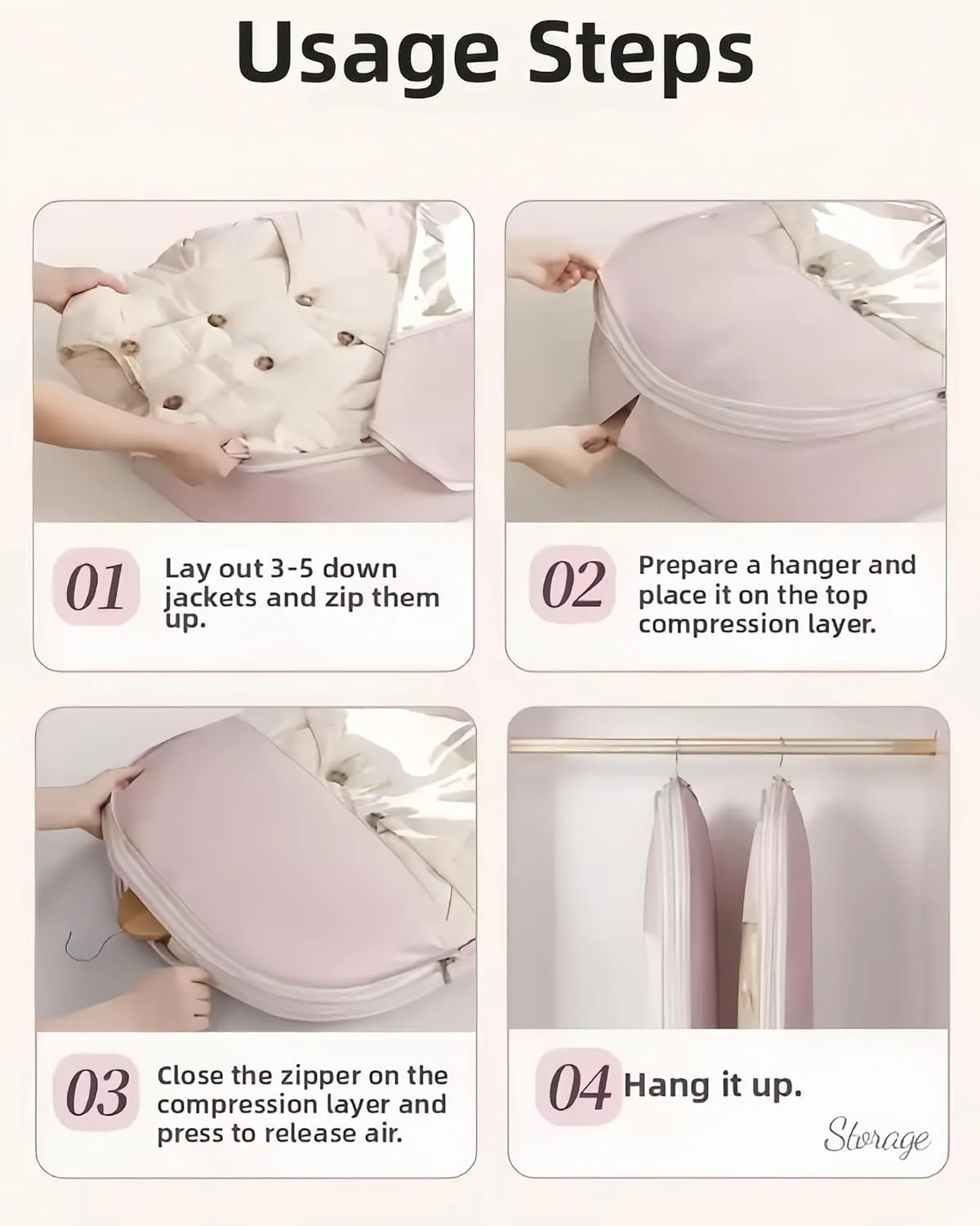 Space Saving Hanging Garment Bag with Self Compression Zipper Space Saver Closet Organizers Dust Cover Clothes Bags for Down Coat (Pink, XL)