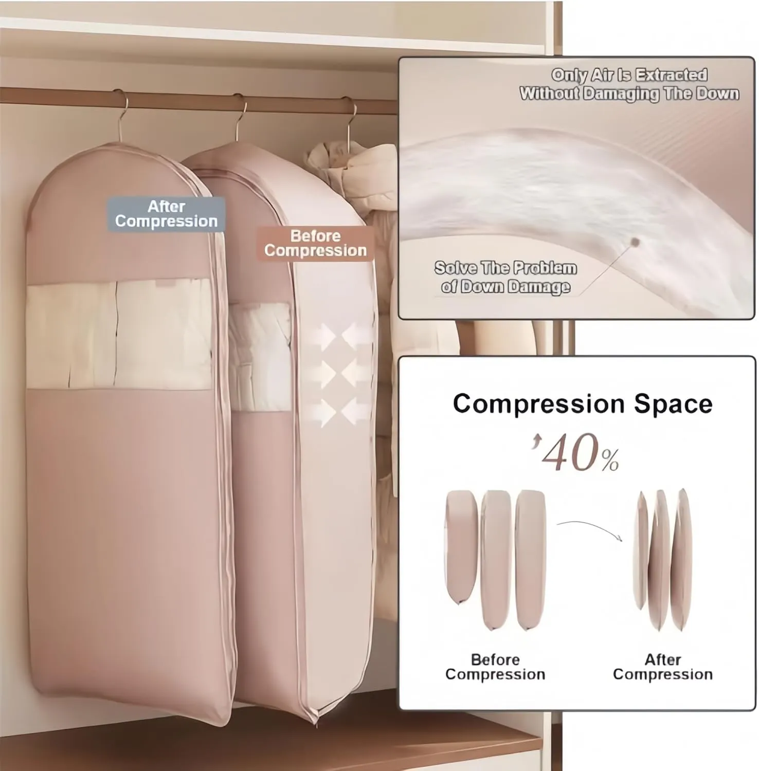 Space Saving Hanging Garment Bag with Self Compression Zipper Space Saver Closet Organizers Dust Cover Clothes Bags for Down Coat (Pink, XL)