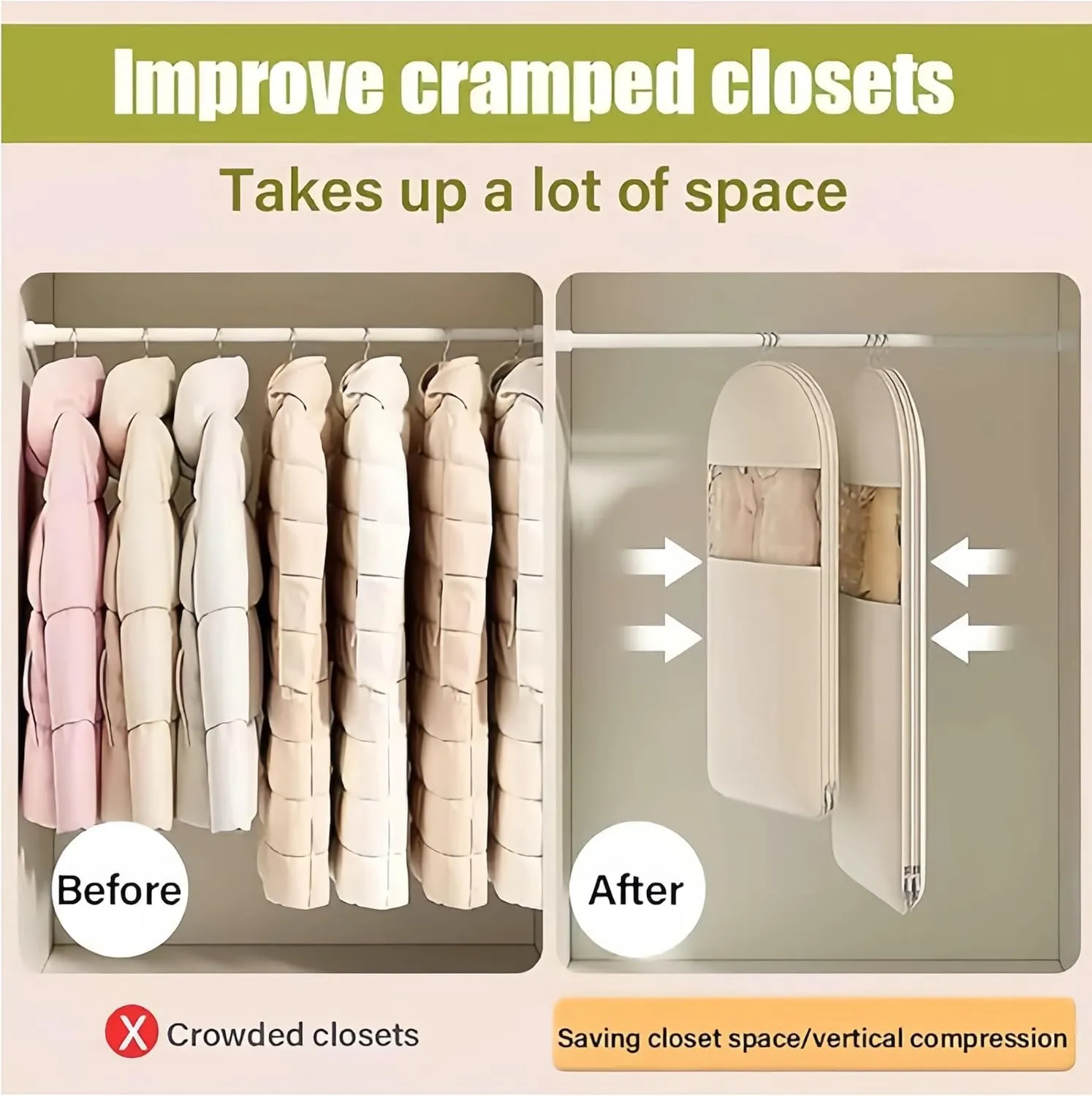 Space Saving Hanging Garment Bag with Self Compression Zipper Space Saver Closet Organizers Dust Cover Clothes Bags for Down Coat (Pink, XL)