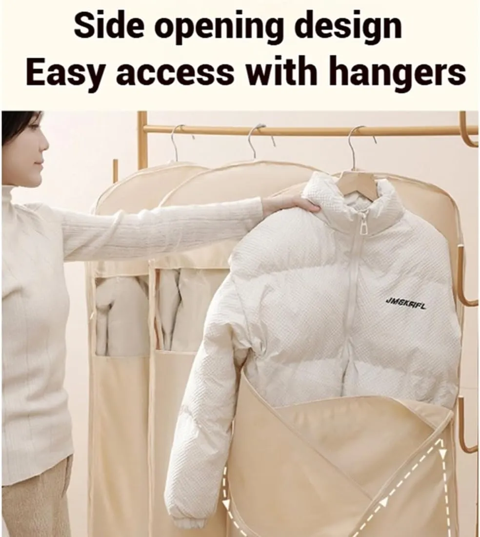 Space Saving Hanging Garment Bag With Self Compression Zipper, Space Saver Closet Organizers Waterproof, Visualization Dust Cover Winter Clothes Storage Protector, for Wardrobe Storage (Beige, XL)