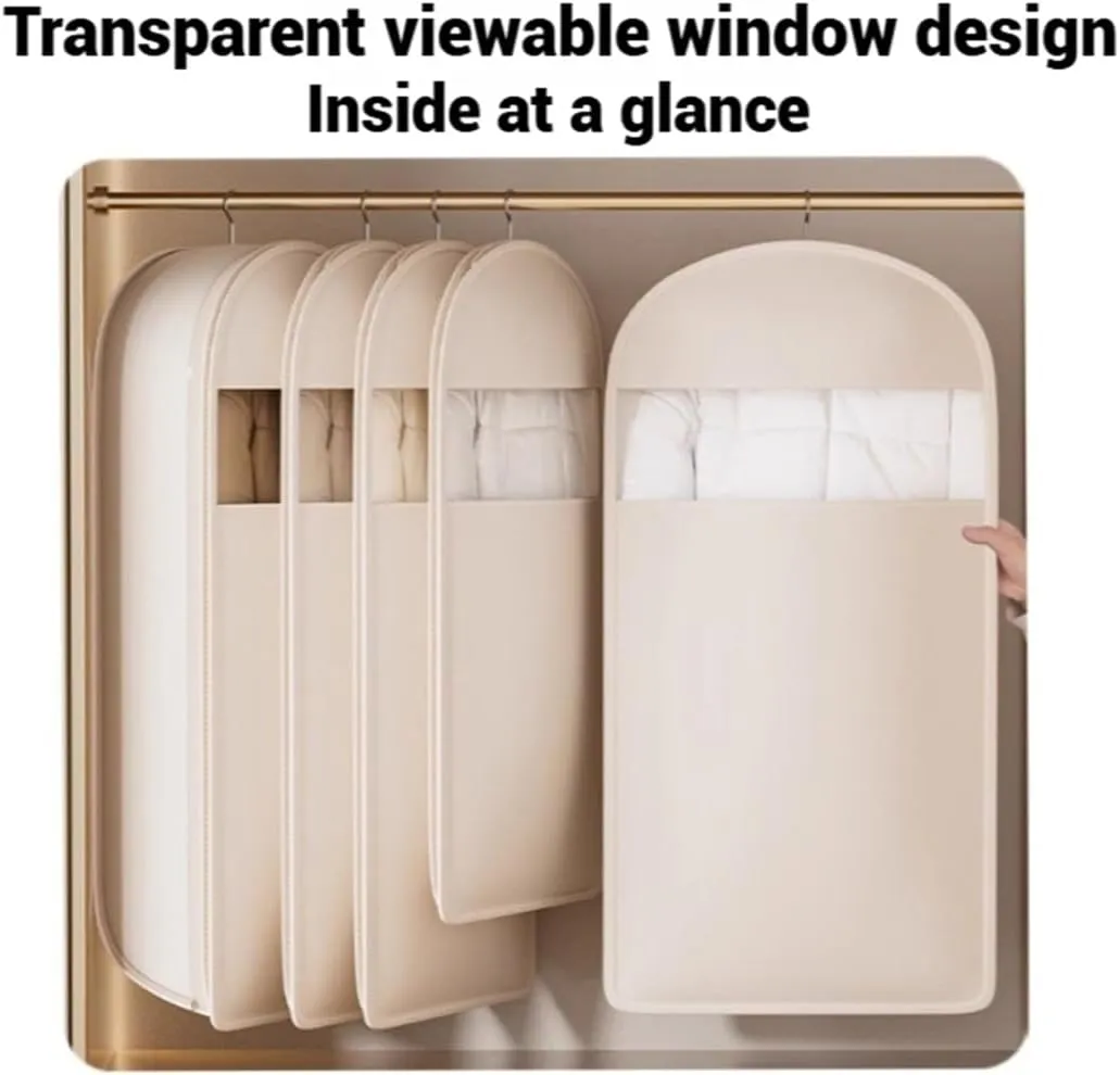 Space Saving Hanging Garment Bag With Self Compression Zipper, Space Saver Closet Organizers Waterproof, Visualization Dust Cover Winter Clothes Storage Protector, for Wardrobe Storage (Beige, XL)