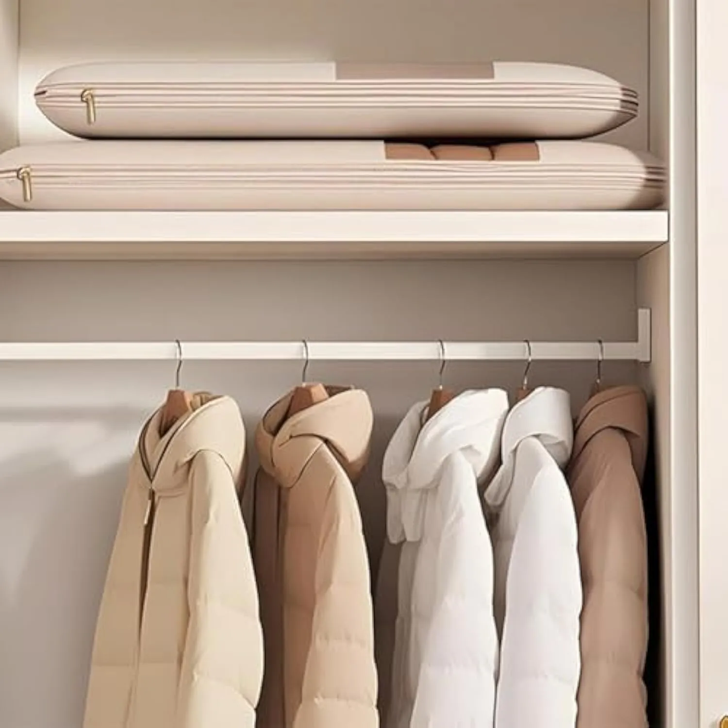 Space Saving Hanging Garment Bag With Self Compression Zipper, Space Saver Closet Organizers Waterproof, Visualization Dust Cover Winter Clothes Storage Protector, for Wardrobe Storage (Beige, XL)