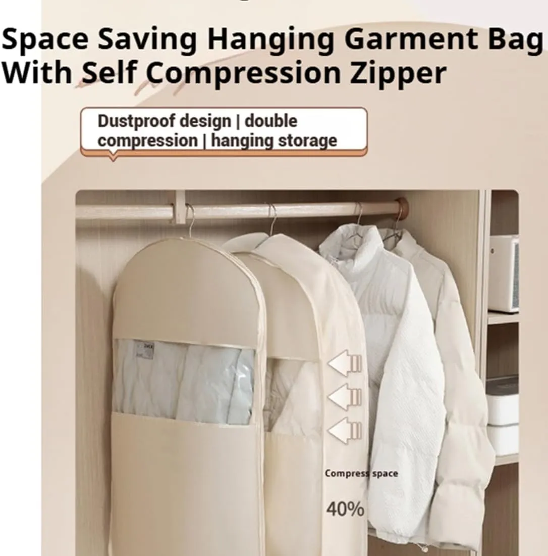 Space Saving Hanging Garment Bag With Self Compression Zipper, Space Saver Closet Organizers Waterproof, Visualization Dust Cover Winter Clothes Storage Protector, for Wardrobe Storage (Beige, XL)