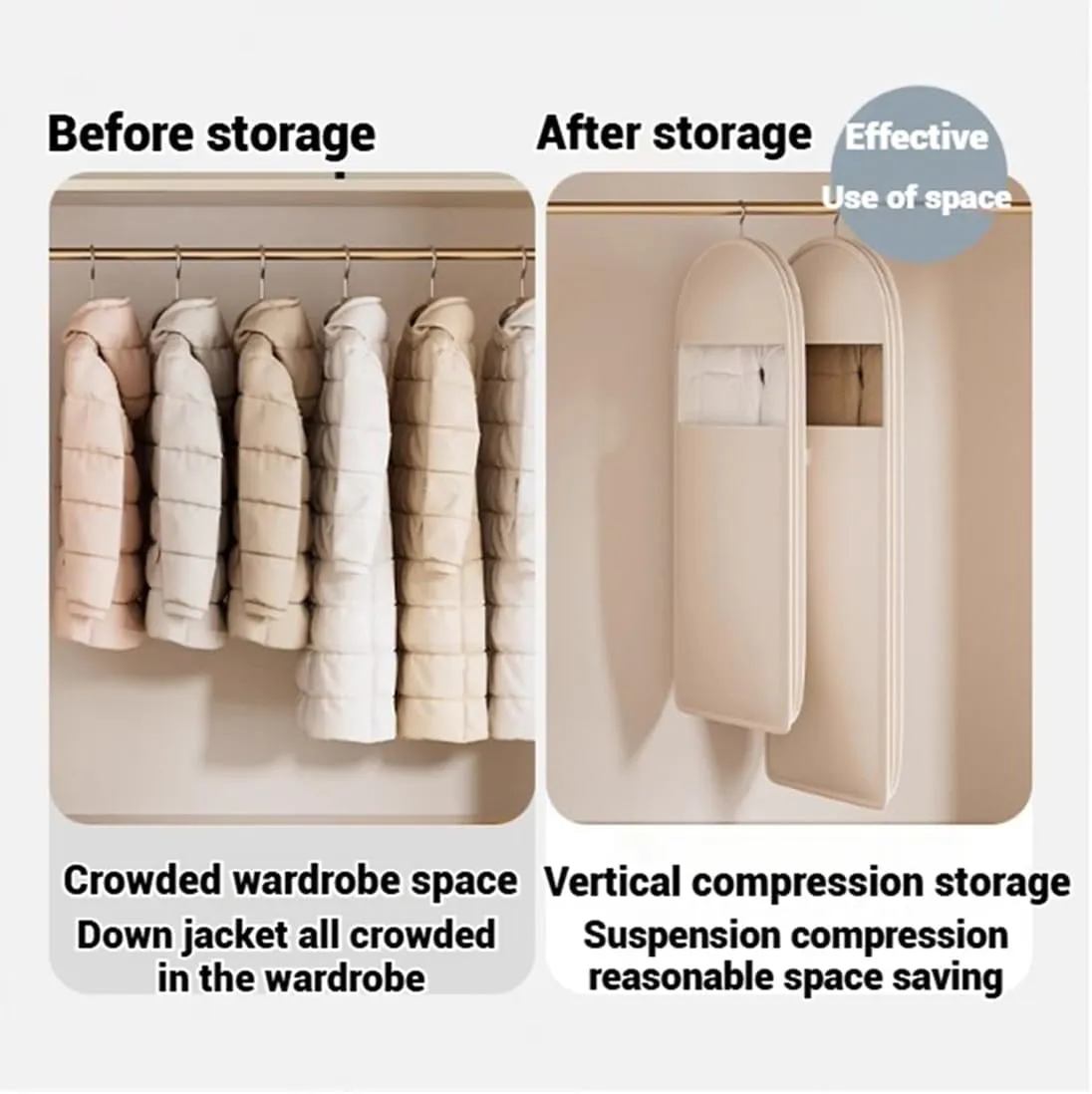 Space Saving Hanging Garment Bag With Self Compression Zipper, Space Saver Closet Organizers Waterproof, Visualization Dust Cover Winter Clothes Storage Protector, for Wardrobe Storage (Beige, XL)