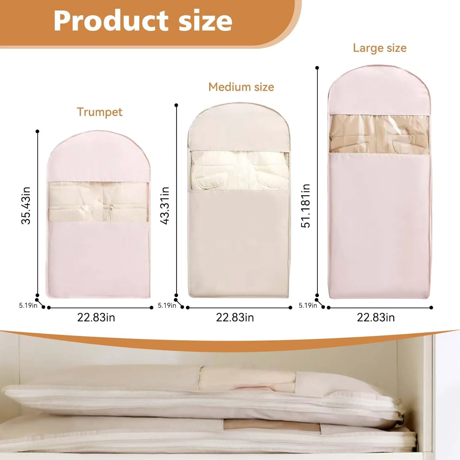 Space Saving Hanging Garment Bag with Self Compression Zipper  Water-Resistant Dust Cover for Down Coats, Suits, Jackets, 3 Sizes for Closet Storage and Travel (1pcs-Pink, 35.43 in)