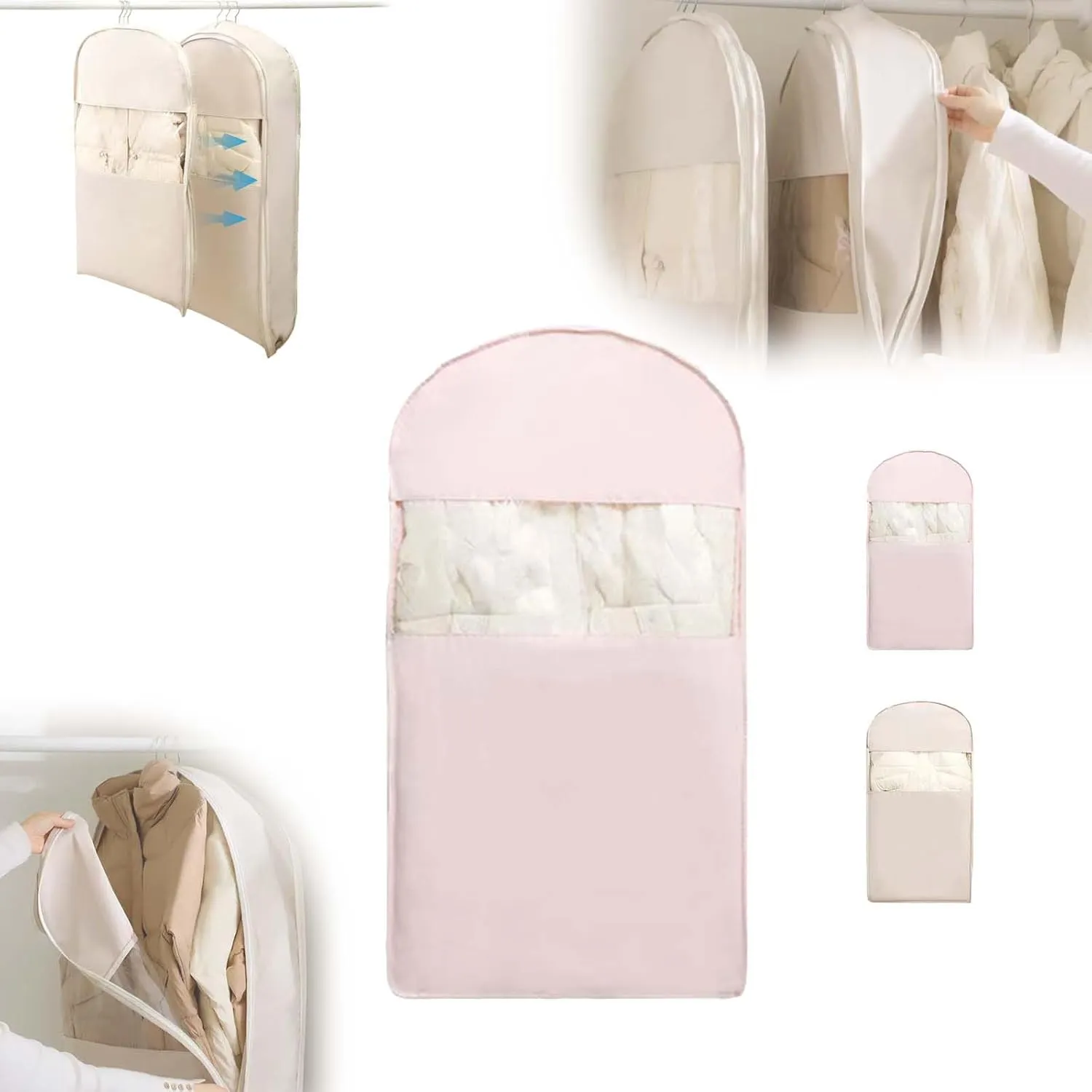 Space Saving Hanging Garment Bag with Self Compression Zipper  Water-Resistant Dust Cover for Down Coats, Suits, Jackets, 3 Sizes for Closet Storage and Travel (1pcs-Pink, 43.31 in)