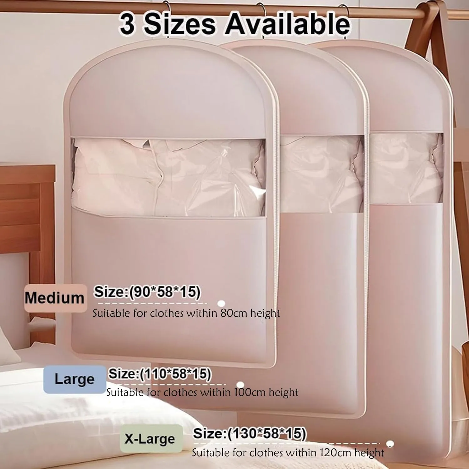 Space Saving Hanging Garment Bag with Self Compression Zipper,Dust Cover,Dust Cover Clothes Bags Travel Organizer,for Wardrobe Storage and Travel (Beige, XL(130 * 58 * 15cm/51.2 * 22.8 * 5.9in))