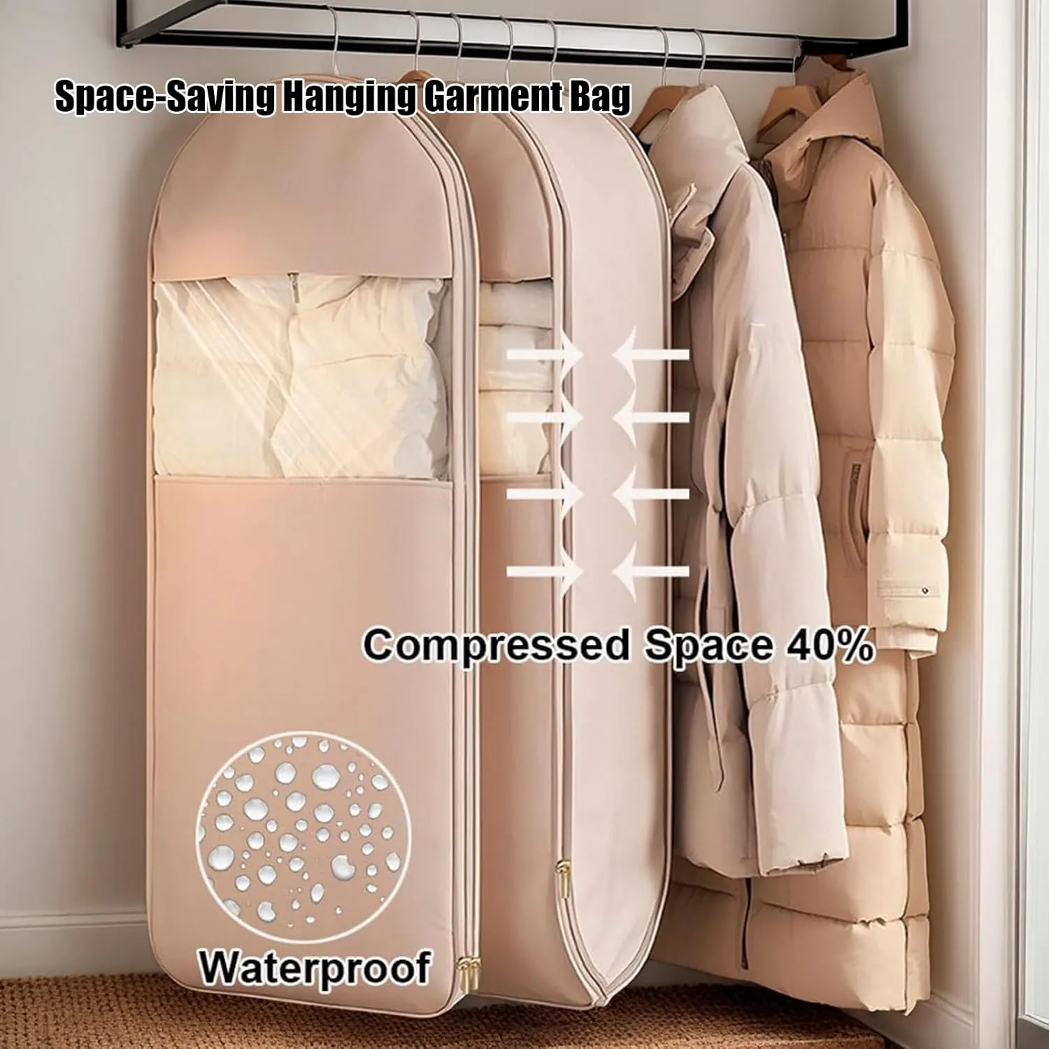 Space Saving Hanging Garment Bag with Self Compression Zipper,Dust Cover,Dust Cover Clothes Bags Travel Organizer,for Wardrobe Storage and Travel (Beige, XL(130 * 58 * 15cm/51.2 * 22.8 * 5.9in))