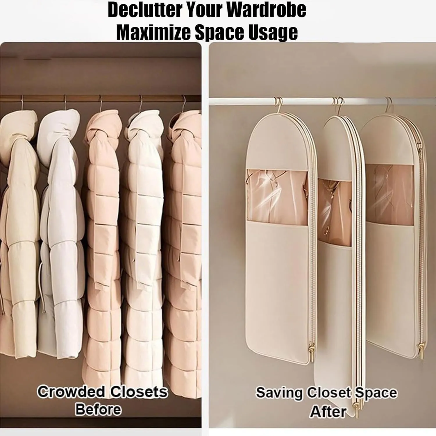 Space Saving Hanging Garment Bag with Self Compression Zipper,Dust Cover,Dust Cover Clothes Bags Travel Organizer,for Wardrobe Storage and Travel (Beige, XL(130 * 58 * 15cm/51.2 * 22.8 * 5.9in))