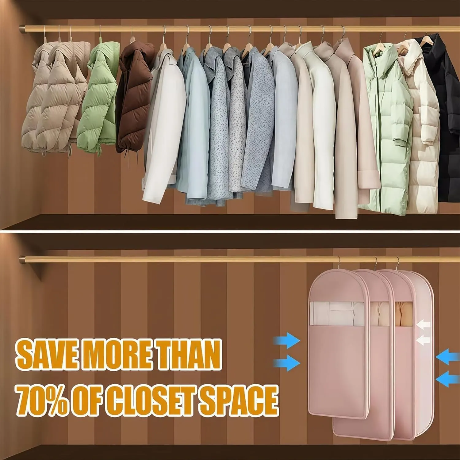 Space Saving Hanging Garment Bag With Self Compression Zipper,Garment Bags for Travel,Dust Cover for Coats Down Jackets, Closet Clothes Organizer with Clear Window (Beige, XL)