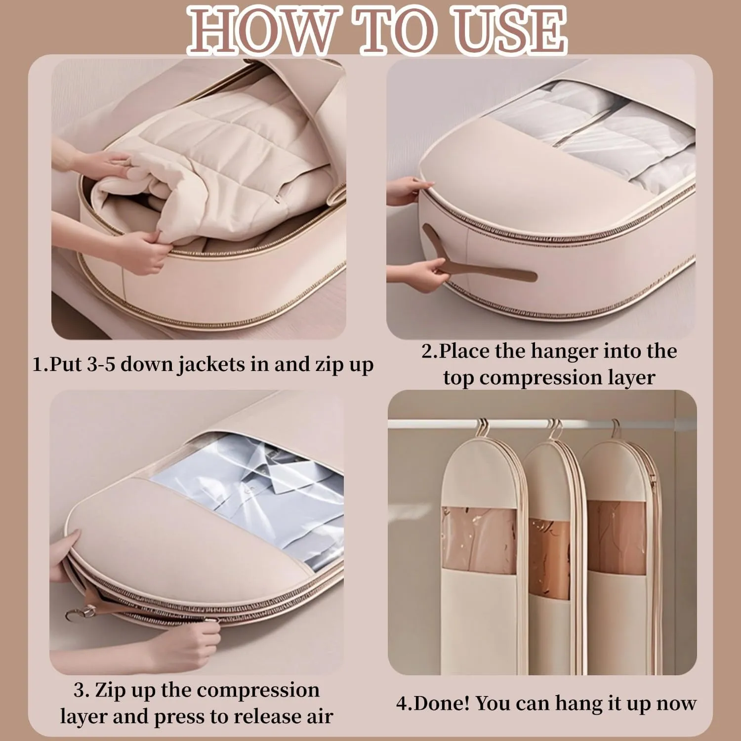 Space Saving Hanging Garment Bag With Self Compression Zipper,Garment Bags for Travel,Dust Cover for Coats Down Jackets, Closet Clothes Organizer with Clear Window (Beige, XL)
