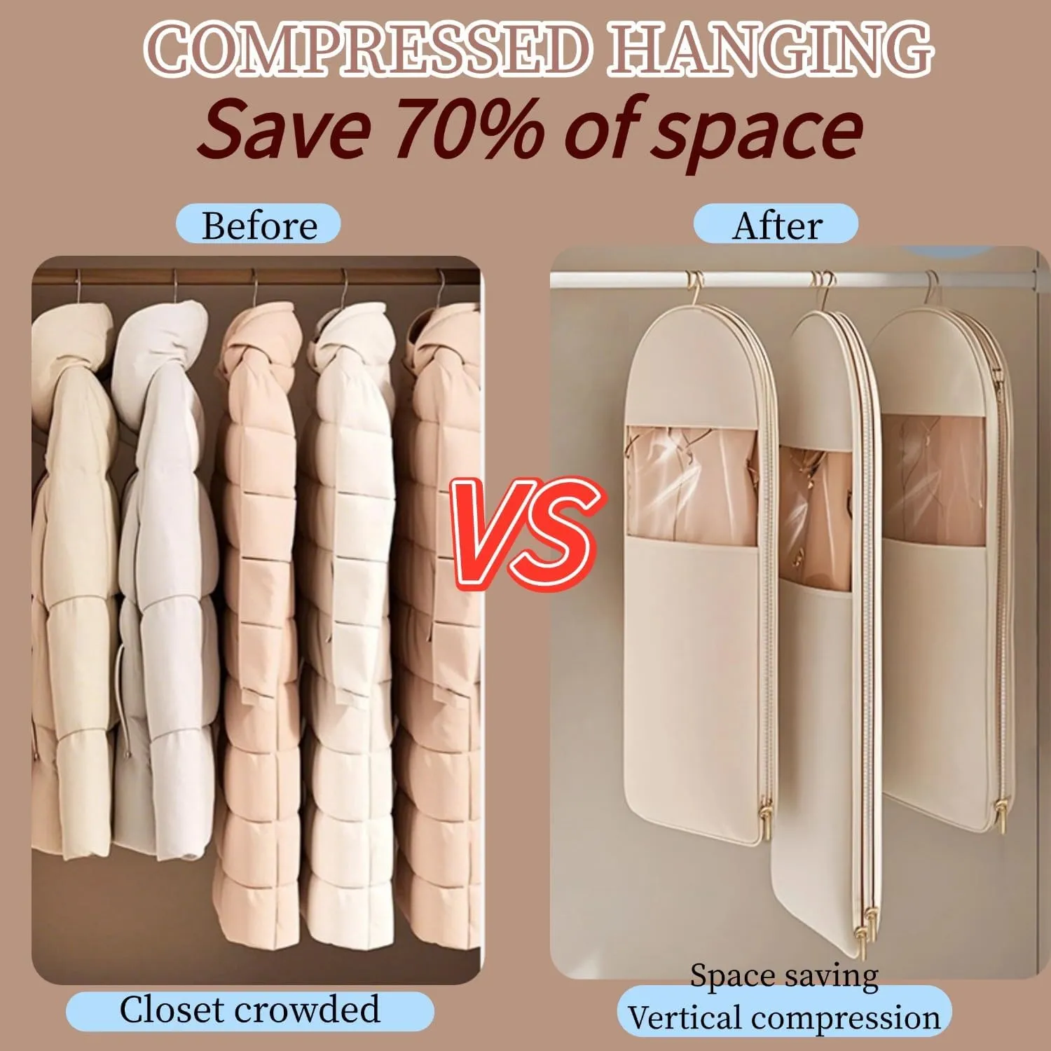 Space Saving Hanging Garment Bag With Self Compression Zipper,Garment Bags for Travel,Dust Cover for Coats Down Jackets, Closet Clothes Organizer with Clear Window (Beige, XL)