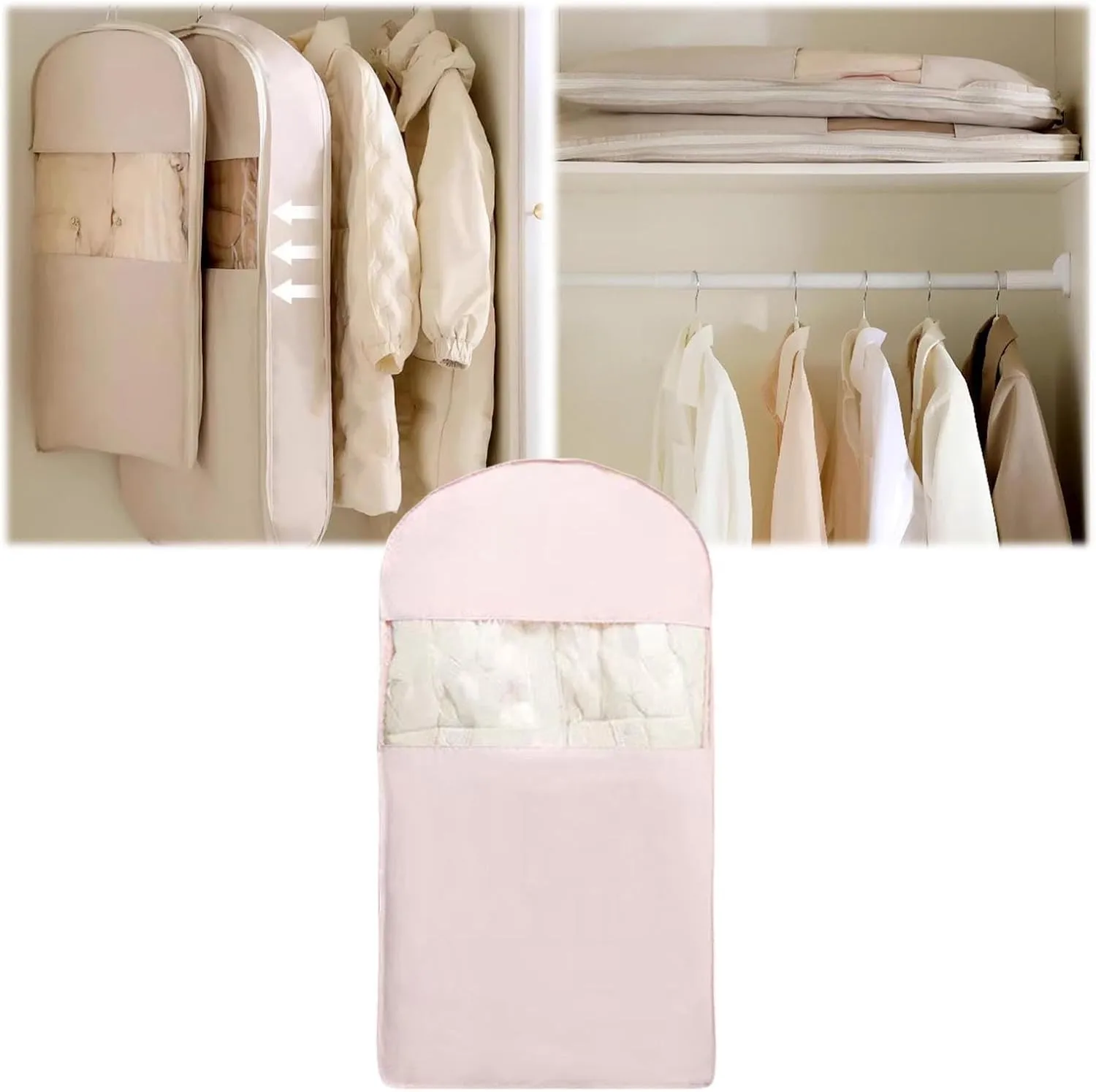 Space Saving Hanging Garment Bag with Self Compression Zipper,Hanging Space Saver Closet Organizers,Clothes Bags for Down Coat Dust Cover Closet Storage (Pink, S)